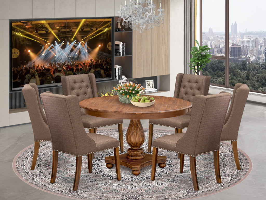 Luxe by East West Furniture - F2FO7-50N-18 - 7-Piece Mid Century Dining Set Contains A Dining Table and 6 Brown Linen Fabric Chairs with Button Tufted Back, Antique Walnut