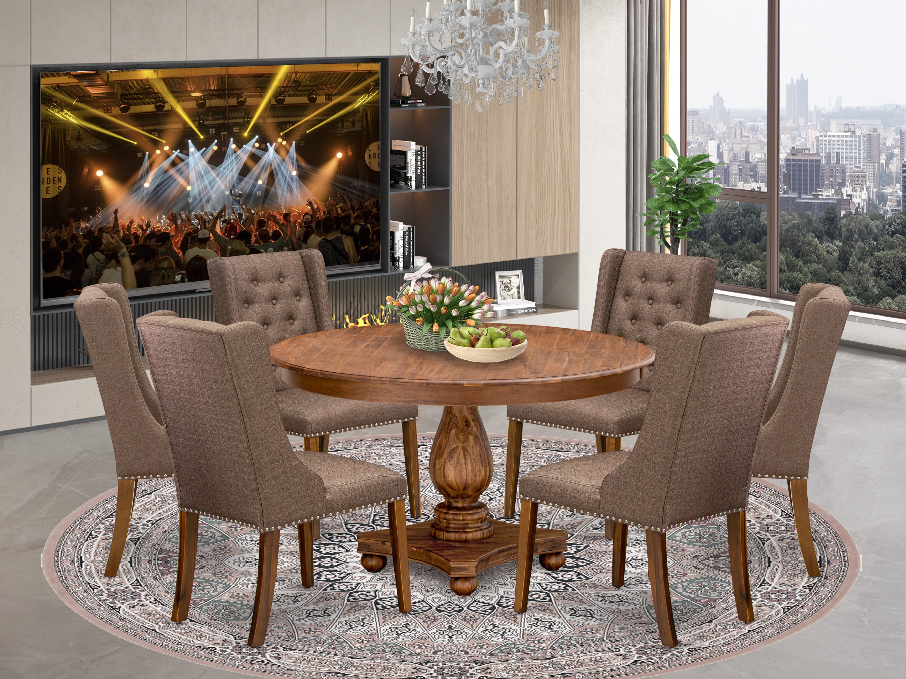 Luxe by East West Furniture - F2FO7-50N-18 - 7-Piece Mid Century Dining Set Contains A Dining Table and 6 Brown Linen Fabric Chairs with Button Tufted Back, Antique Walnut