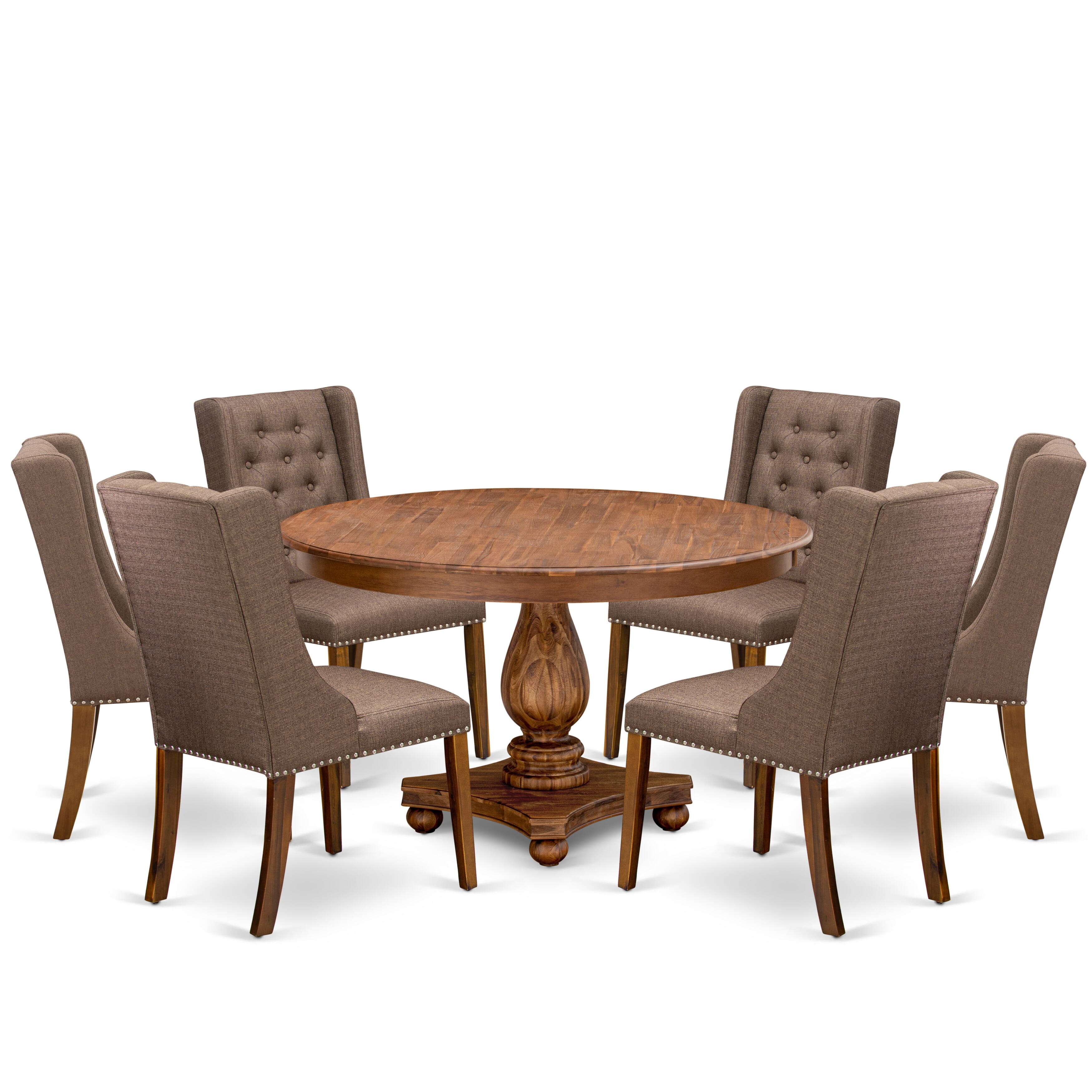 Luxe by East West Furniture - F2FO7-50N-18 - 7-Piece Mid Century Dining Set Contains A Dining Table and 6 Brown Linen Fabric Chairs with Button Tufted Back, Antique Walnut