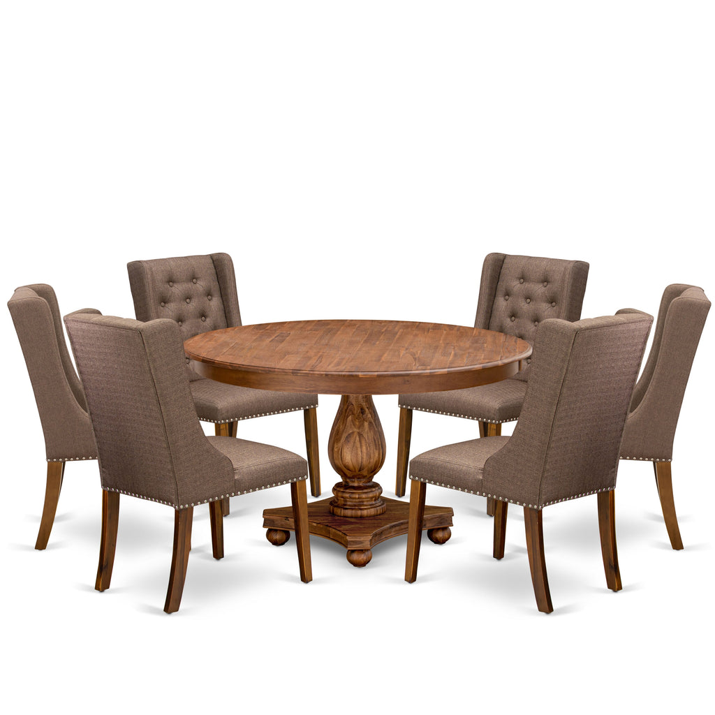 Luxe by East West Furniture - F2FO7-50N-18 - 7-Piece Mid Century Dining Set Contains A Dining Table and 6 Brown Linen Fabric Chairs with Button Tufted Back, Antique Walnut
