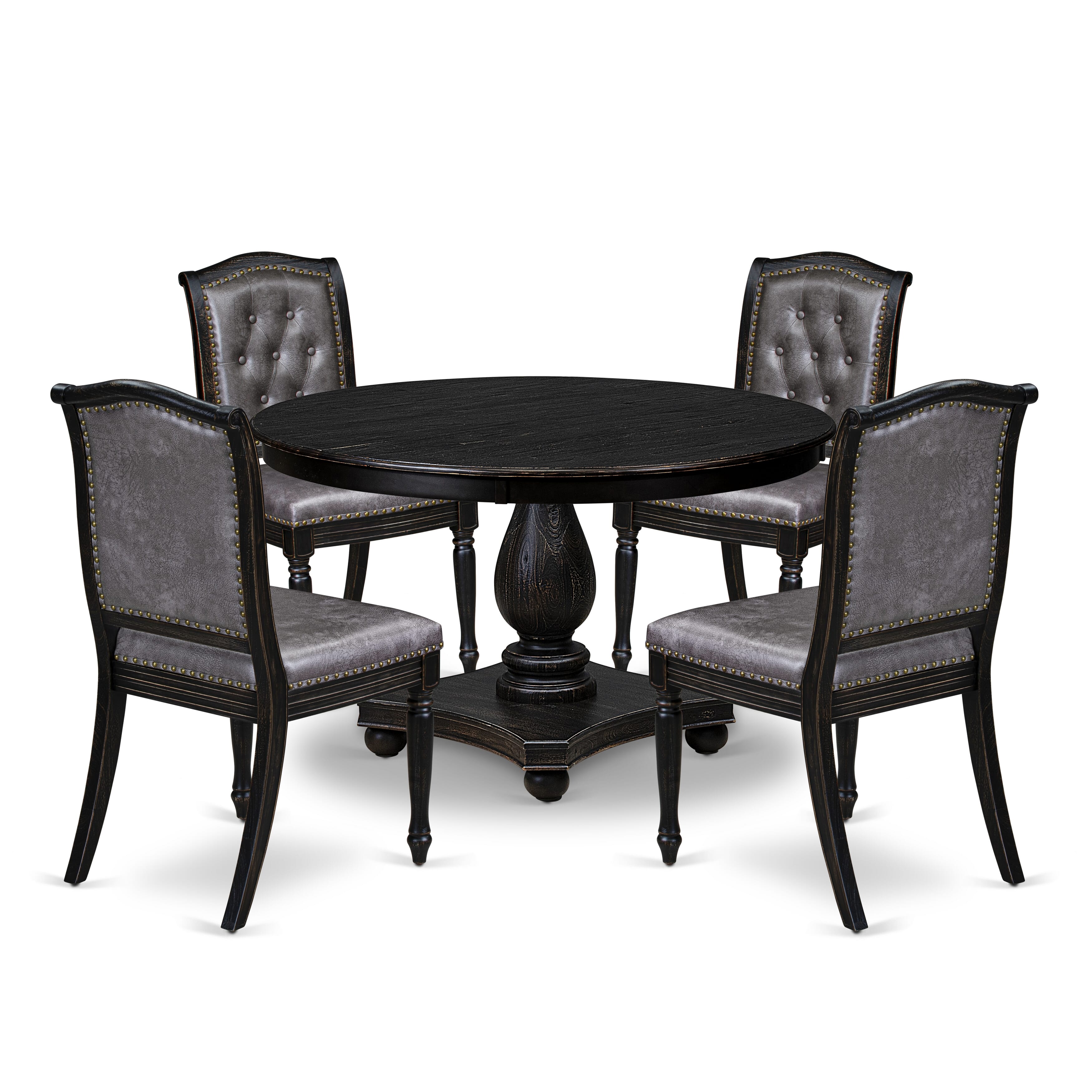 Luxe by East West Furniture - F2MA5-411-34 - 5-piece Dining Room Table Set consists of a Dining Table and 4 Dark Grey Polyester Fabric Dining Chairs with Button Tufted Back - Sand Blasting Black