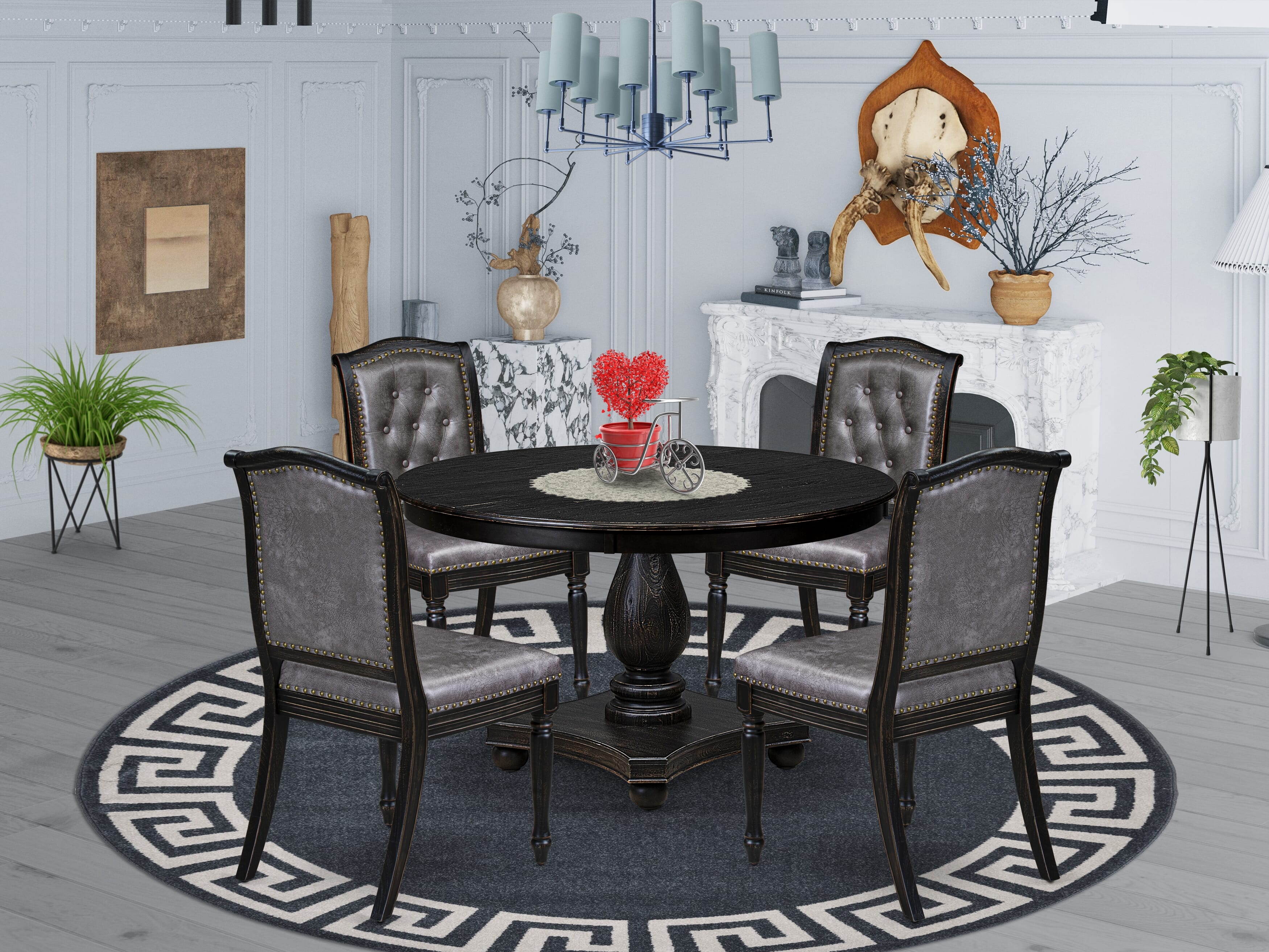 Luxe by East West Furniture - F2MA5-411-34 - 5-piece Dining Room Table Set consists of a Dining Table and 4 Dark Grey Polyester Fabric Dining Chairs with Button Tufted Back - Sand Blasting Black