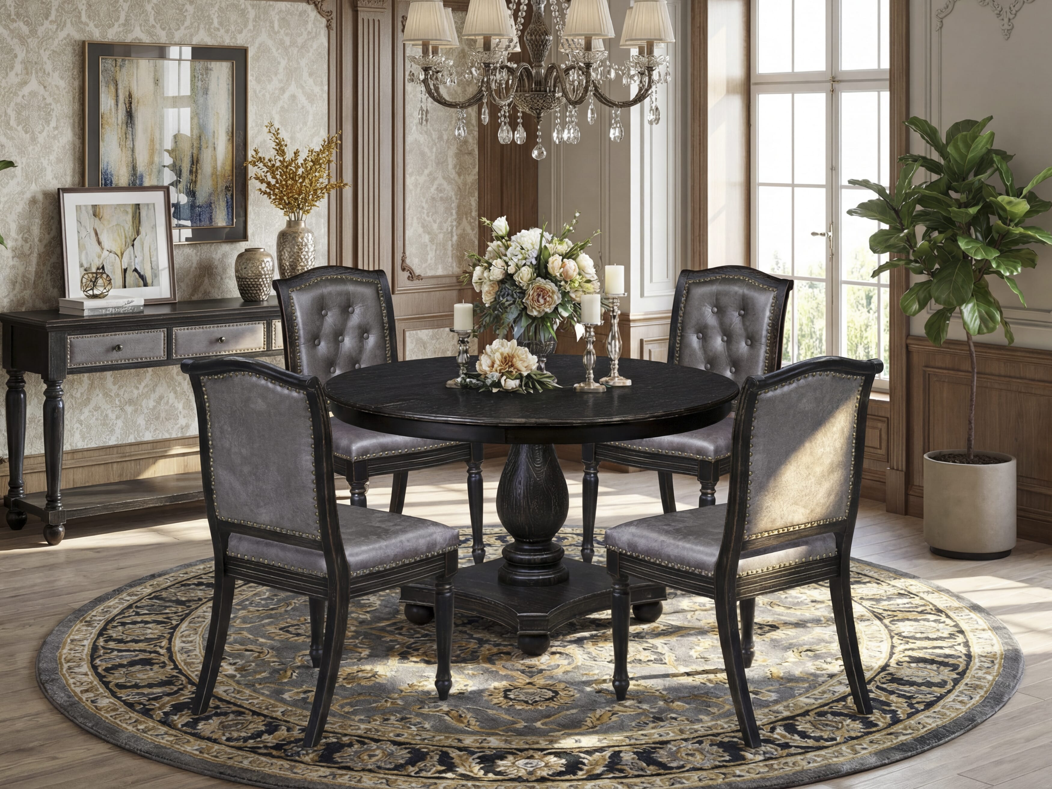Luxe by East West Furniture - F2MA5-411-34 - 5-piece Dining Room Table Set consists of a Dining Table and 4 Dark Grey Polyester Fabric Dining Chairs with Button Tufted Back - Sand Blasting Black