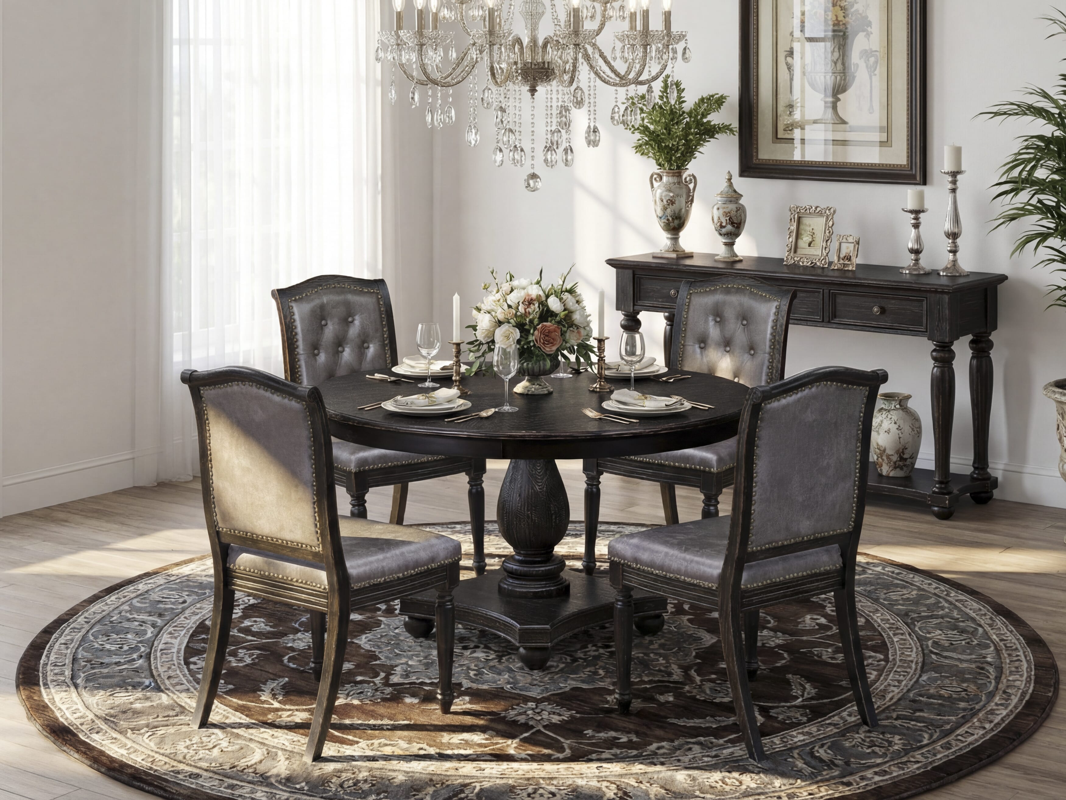 Luxe by East West Furniture - F2MA5-511-34 - 5-piece Dining Table Set consists of a Dining Table and 4 Dark Grey Polyester Fabric Room Chairs with Button Tufted Back - Sand Blasting Black