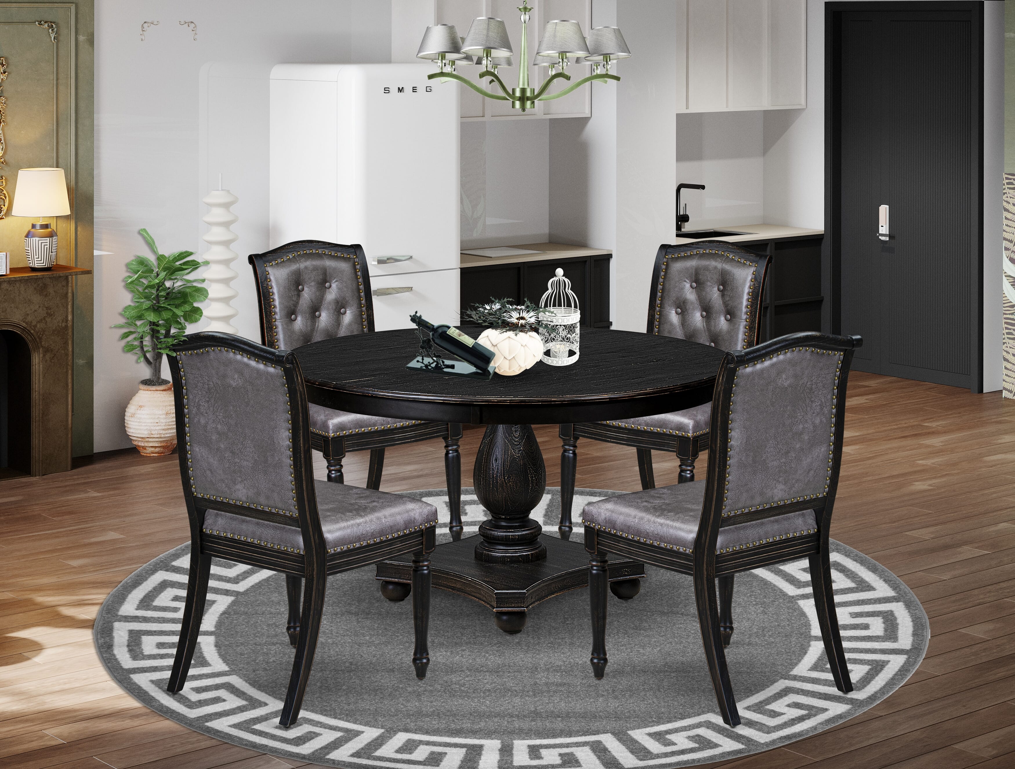 Luxe by East West Furniture - F2MA5-511-34 - 5-piece Dining Table Set consists of a Dining Table and 4 Dark Grey Polyester Fabric Room Chairs with Button Tufted Back - Sand Blasting Black