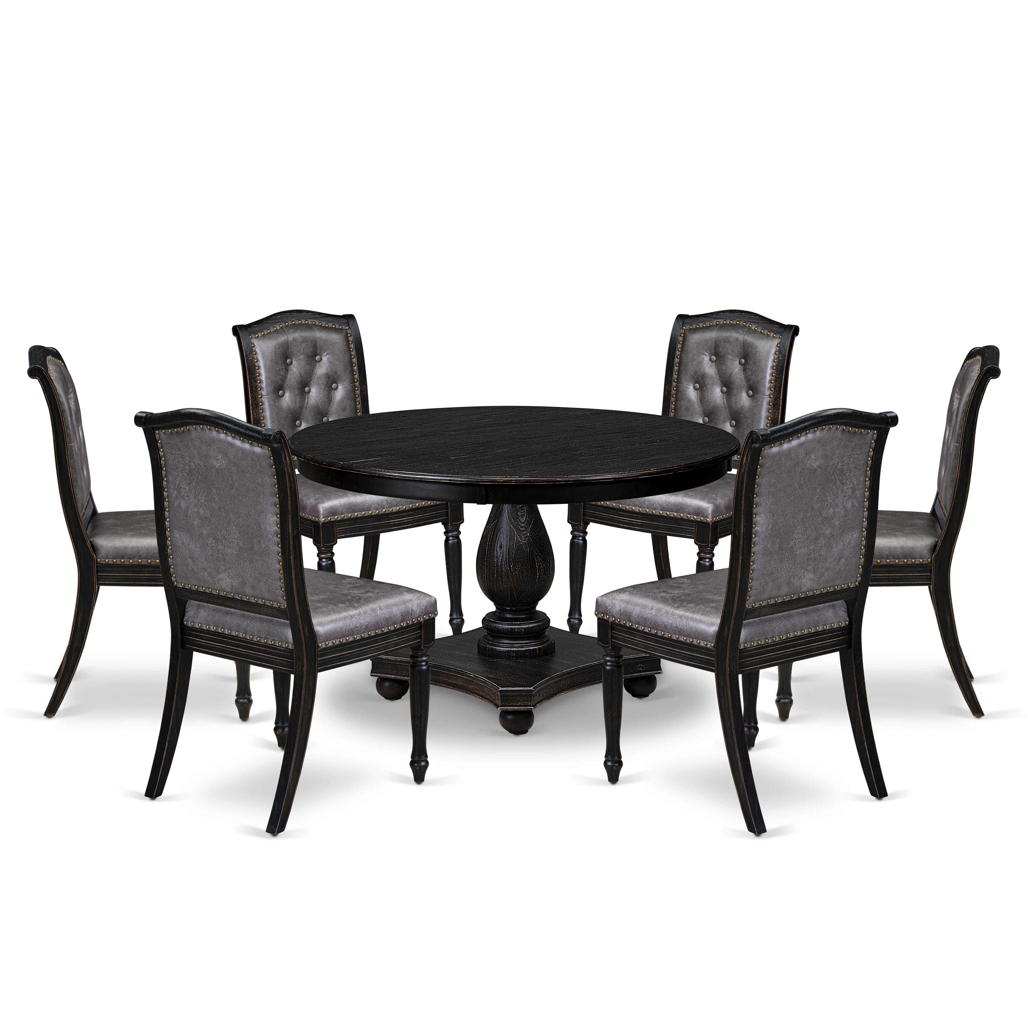 Luxe by East West Furniture - F2MA7-411-34 - 7-piece Dining Room Table Set consists of a Dining Table and 6 Dark Grey Polyester Fabric Dining Chairs with Button Tufted Back - Sand Blasting Black