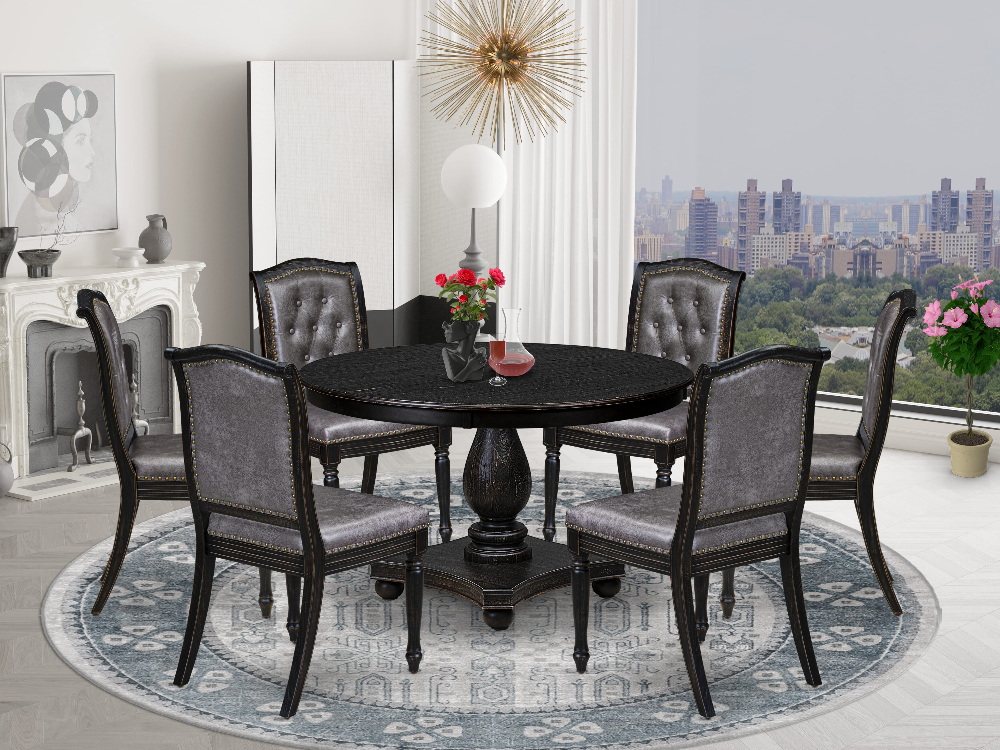 Luxe by East West Furniture - F2MA7-411-34 - 7-piece Dining Room Table Set consists of a Dining Table and 6 Dark Grey Polyester Fabric Dining Chairs with Button Tufted Back - Sand Blasting Black