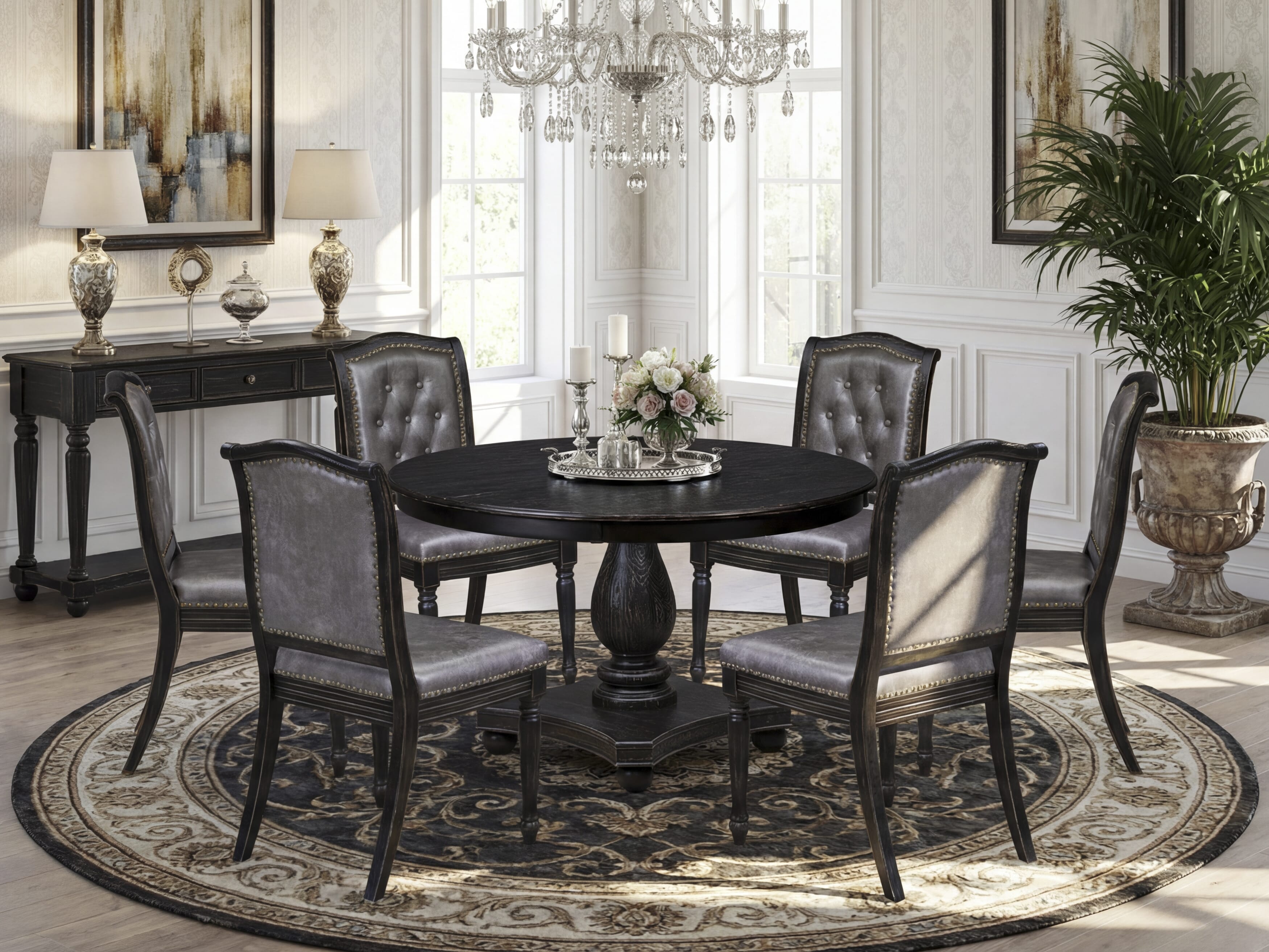 Luxe by East West Furniture - F2MA7-411-34 - 7-piece Dining Room Table Set consists of a Dining Table and 6 Dark Grey Polyester Fabric Dining Chairs with Button Tufted Back - Sand Blasting Black