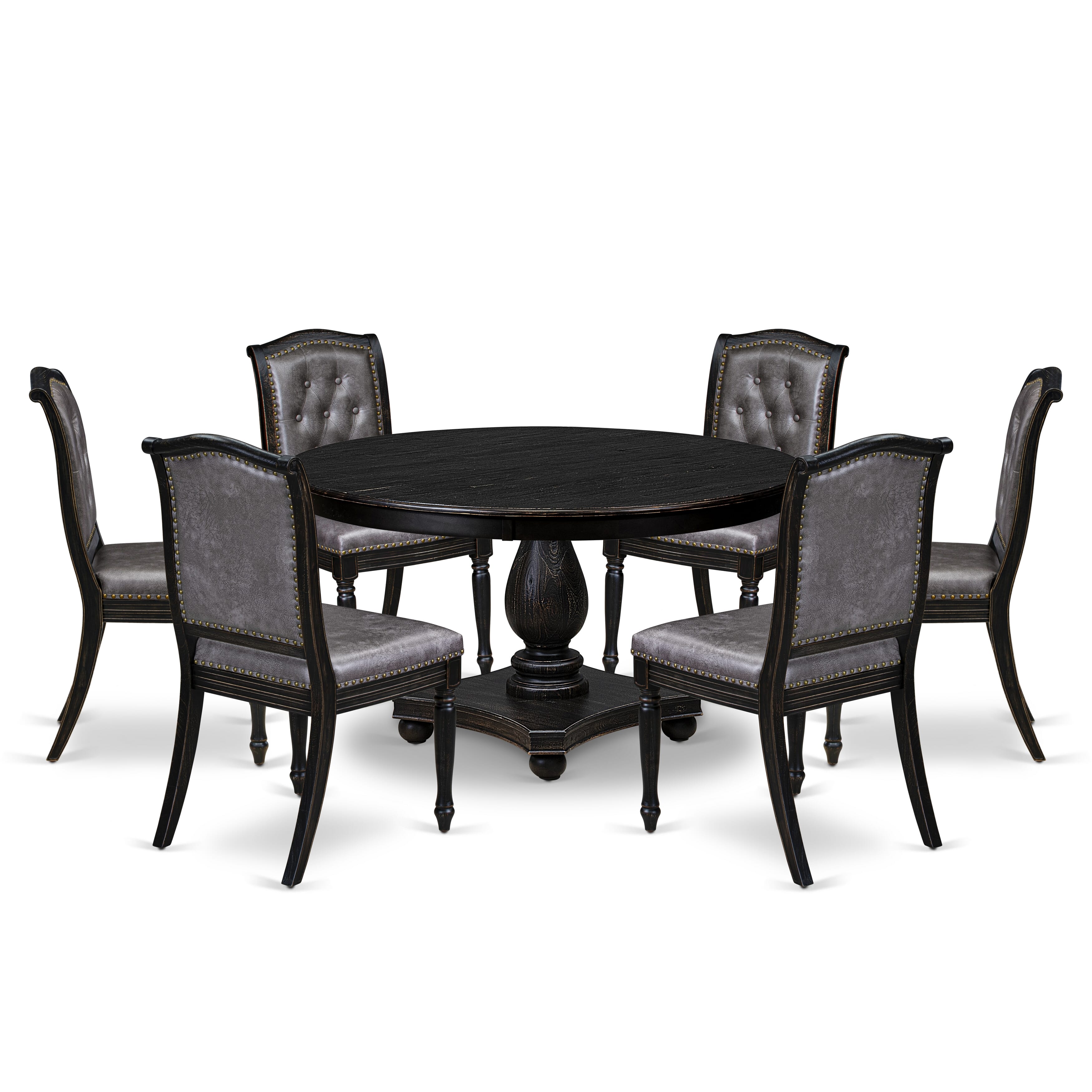 Luxe by East West Furniture - F2MA7-511-34 - 7-piece Dining Table Set consists of a Dining Table and 6 Dark Grey Polyester Fabric Dining Chairs with Button Tufted Back - Sand Blasting Black