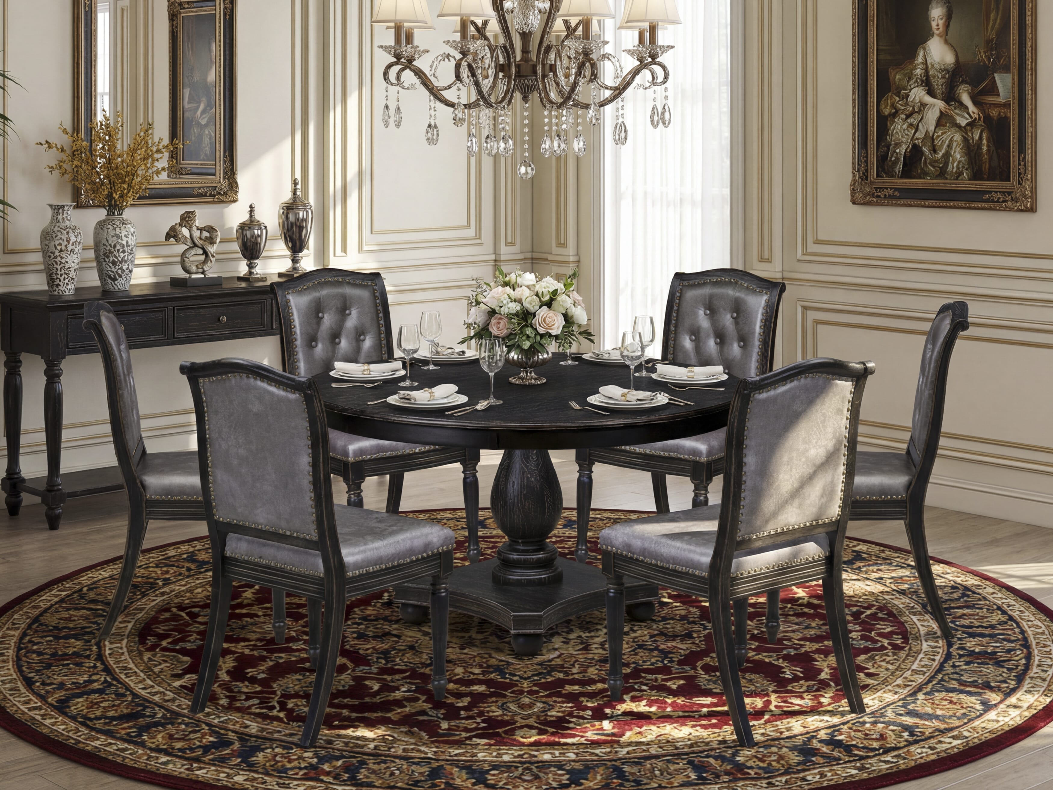 Luxe by East West Furniture - F2MA7-511-34 - 7-piece Dining Table Set consists of a Dining Table and 6 Dark Grey Polyester Fabric Dining Chairs with Button Tufted Back - Sand Blasting Black
