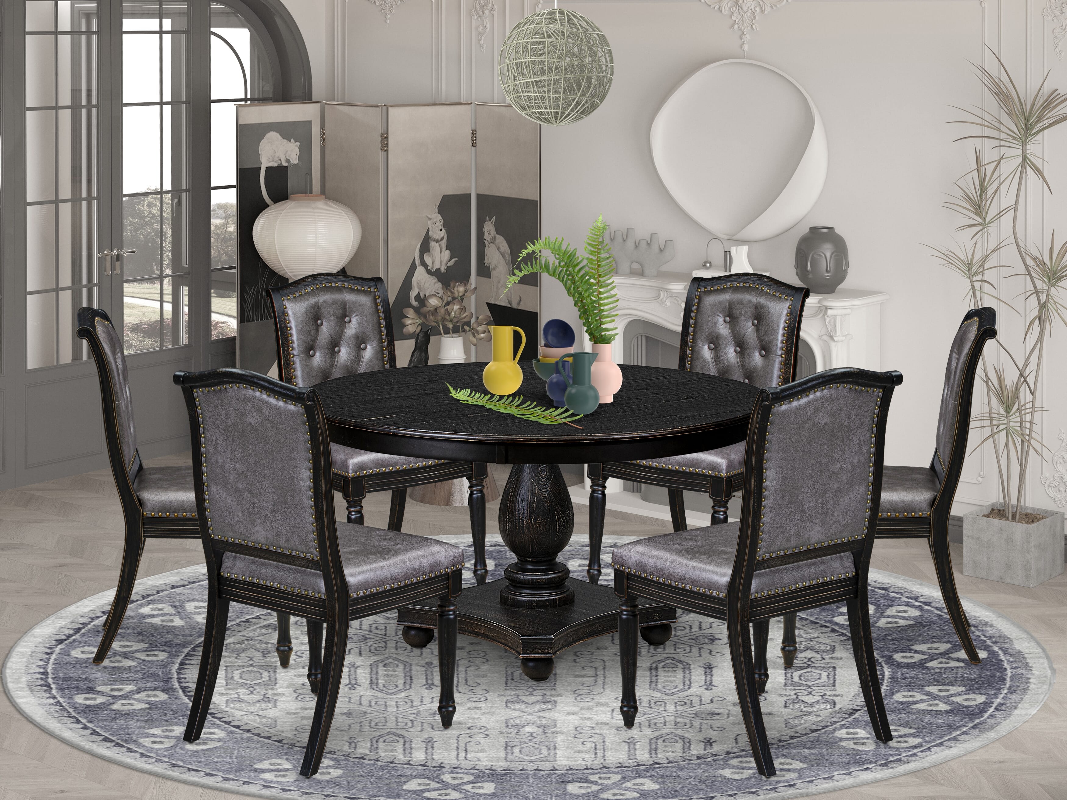 Luxe by East West Furniture - F2MA7-511-34 - 7-piece Dining Table Set consists of a Dining Table and 6 Dark Grey Polyester Fabric Dining Chairs with Button Tufted Back - Sand Blasting Black