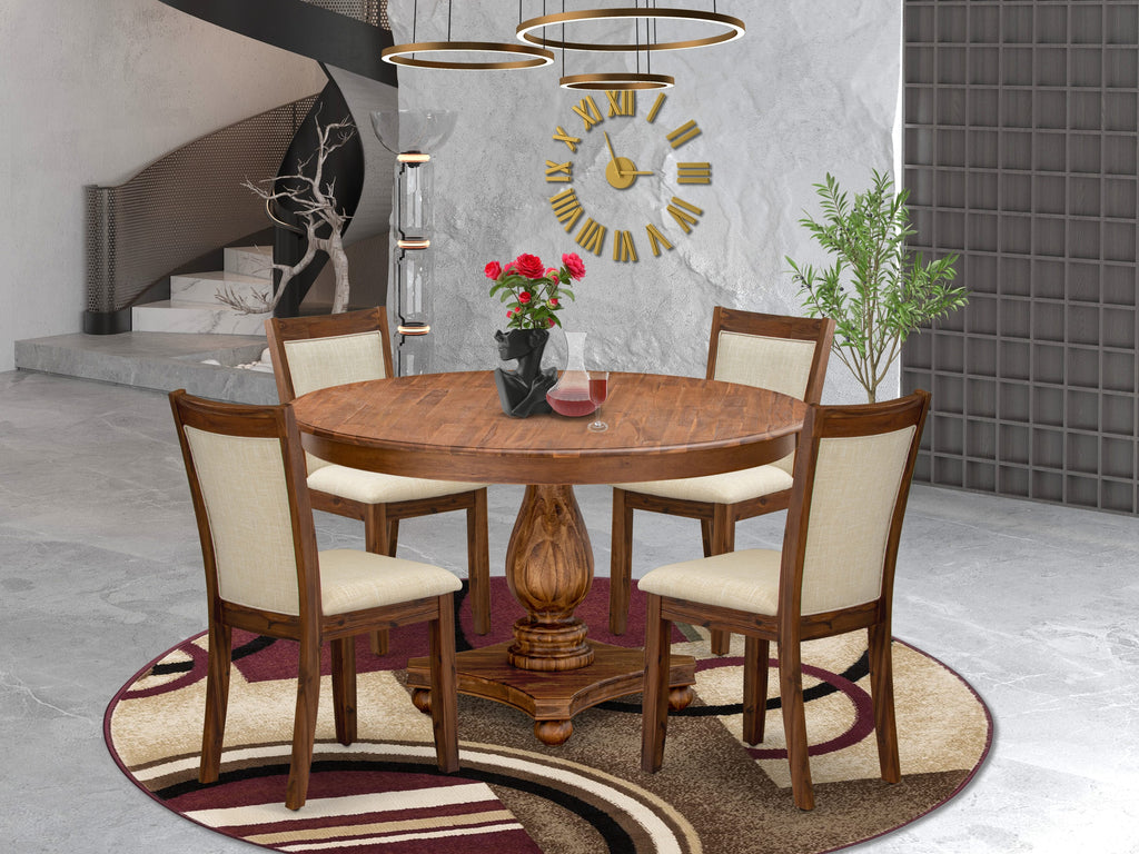 Luxe by East West Furniture F2MZ5-50N-02 5-Pc Dining Set Includes a Pedestal Round Table and 4 Light Beige Linen Fabric Padded Chairs with Padded Back - Antique Walnut
