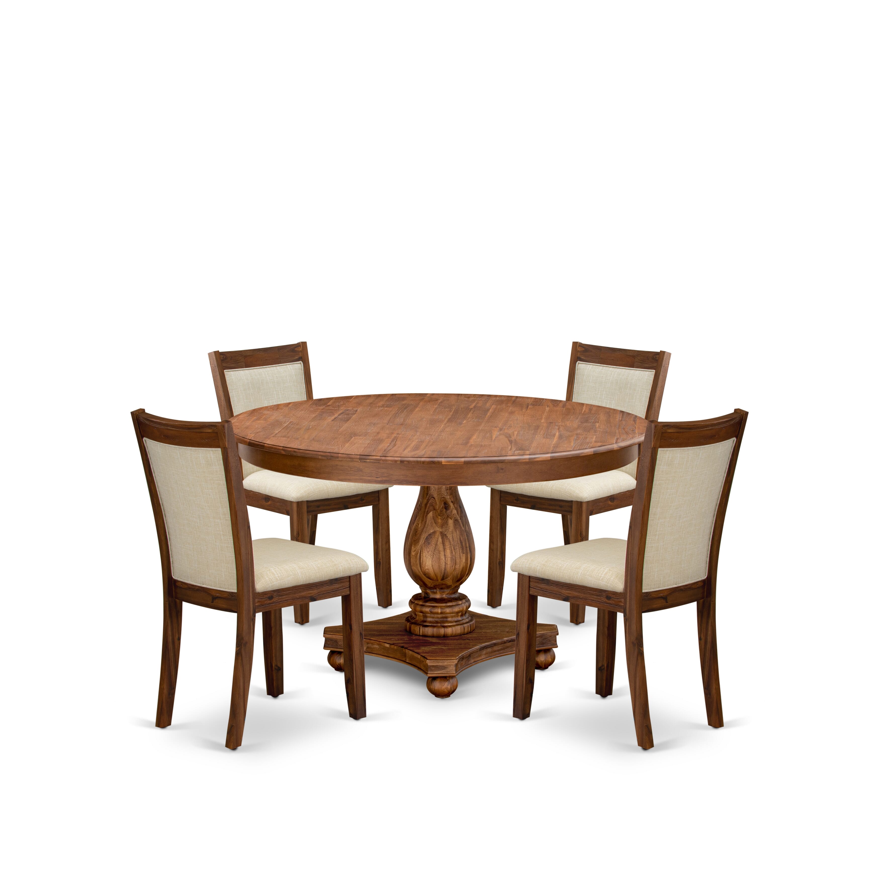 Luxe by East West Furniture F2MZ5-50N-02 5-Pc Dining Set Includes a Pedestal Round Table and 4 Light Beige Linen Fabric Padded Chairs with Padded Back - Antique Walnut