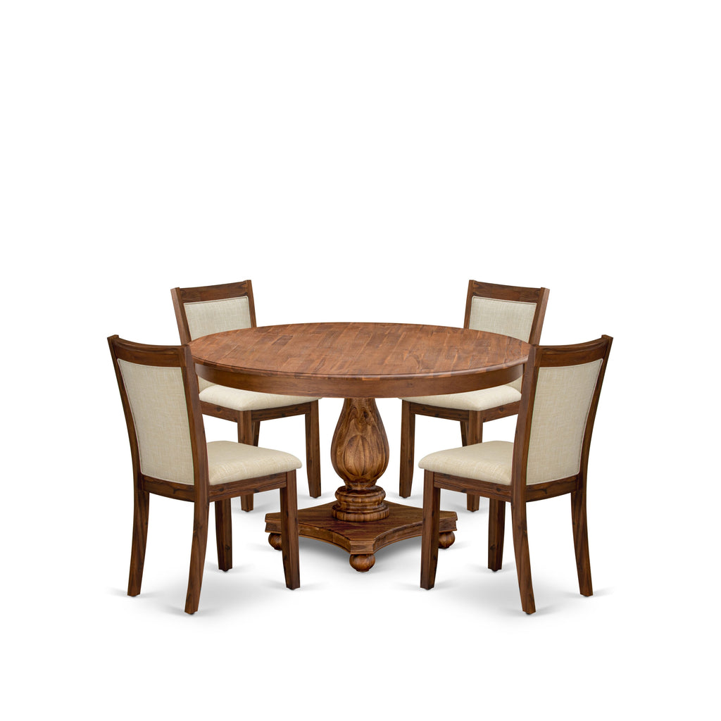 Luxe by East West Furniture F2MZ5-50N-02 5-Pc Dining Set Includes a Pedestal Round Table and 4 Light Beige Linen Fabric Padded Chairs with Padded Back - Antique Walnut