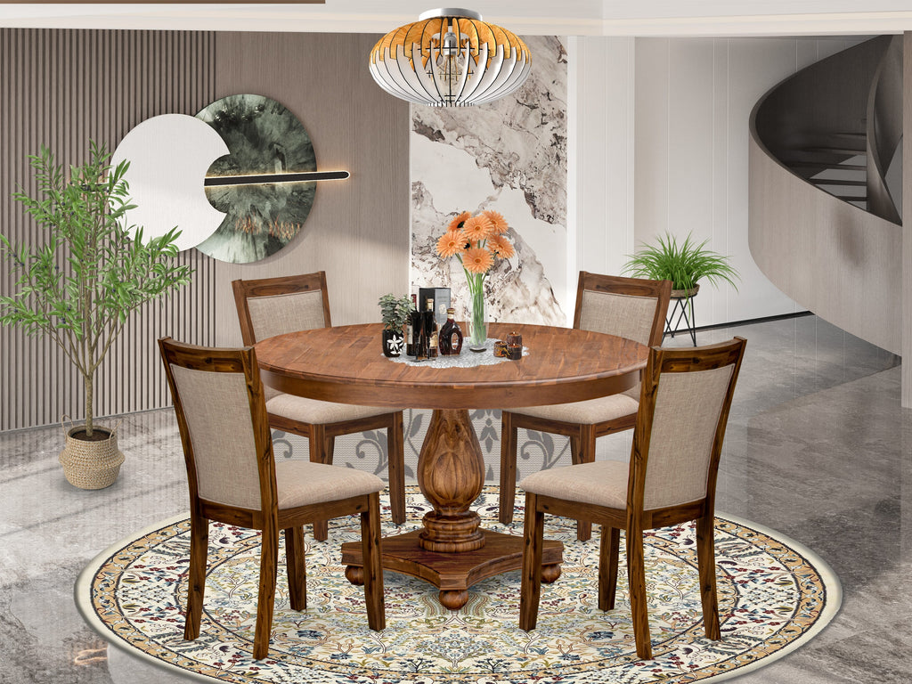 Luxe by East West Furniture F2MZ5-50N-04 5-Pc Kitchen Table Set consists of a Pedestal Kitchen Table and 4 Light Tan Linen Fabric Dining Chairs with Padded Back - Antique Walnut