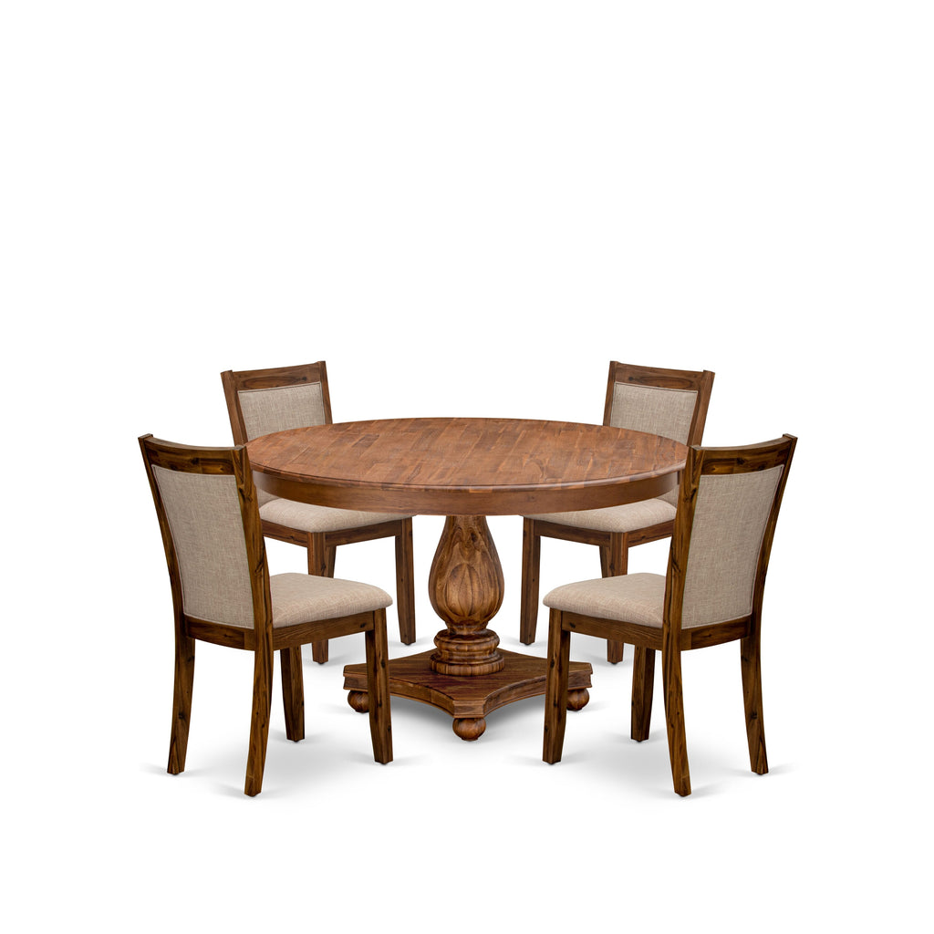 Luxe by East West Furniture F2MZ5-50N-04 5-Pc Kitchen Table Set consists of a Pedestal Kitchen Table and 4 Light Tan Linen Fabric Dining Chairs with Padded Back - Antique Walnut