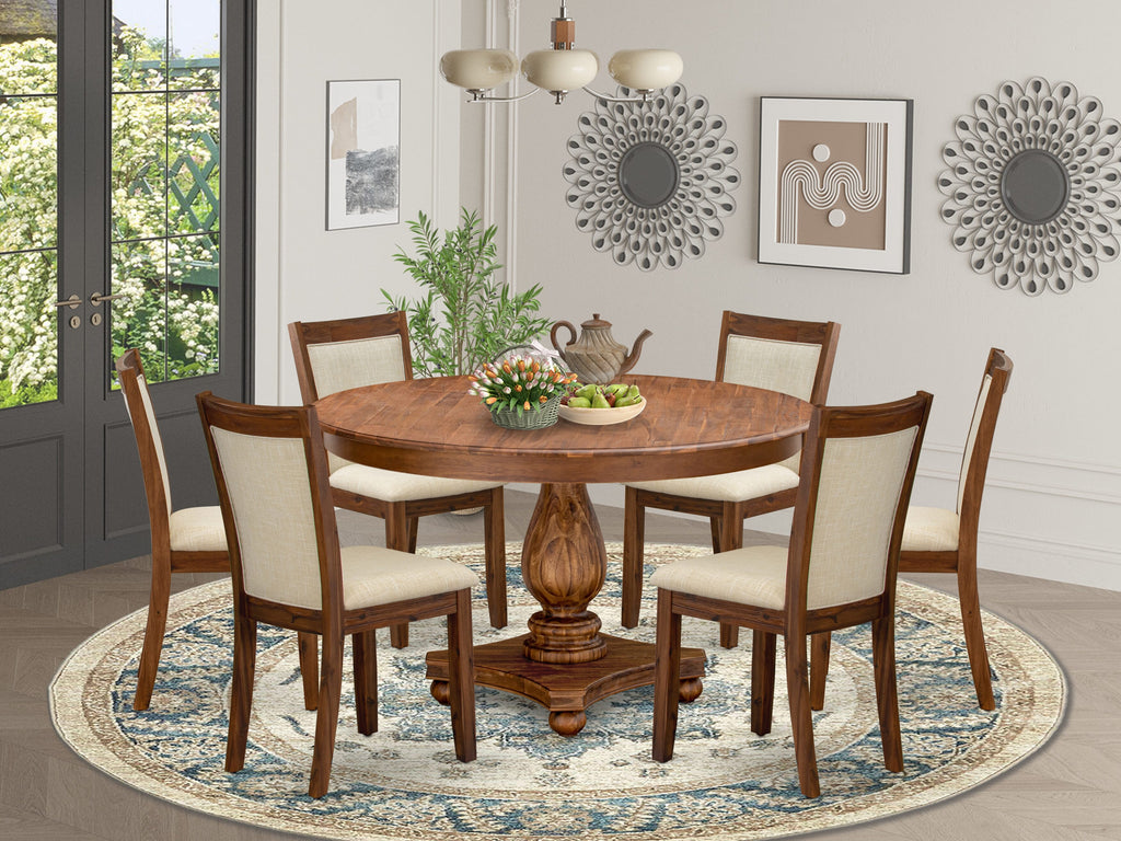 Luxe by East West Furniture F2MZ7-50N-02 7-Pc Dining Set consists of a Pedestal Table and 6 Light Beige Linen Fabric Dining Chairs with Padded Back - Antique Walnut