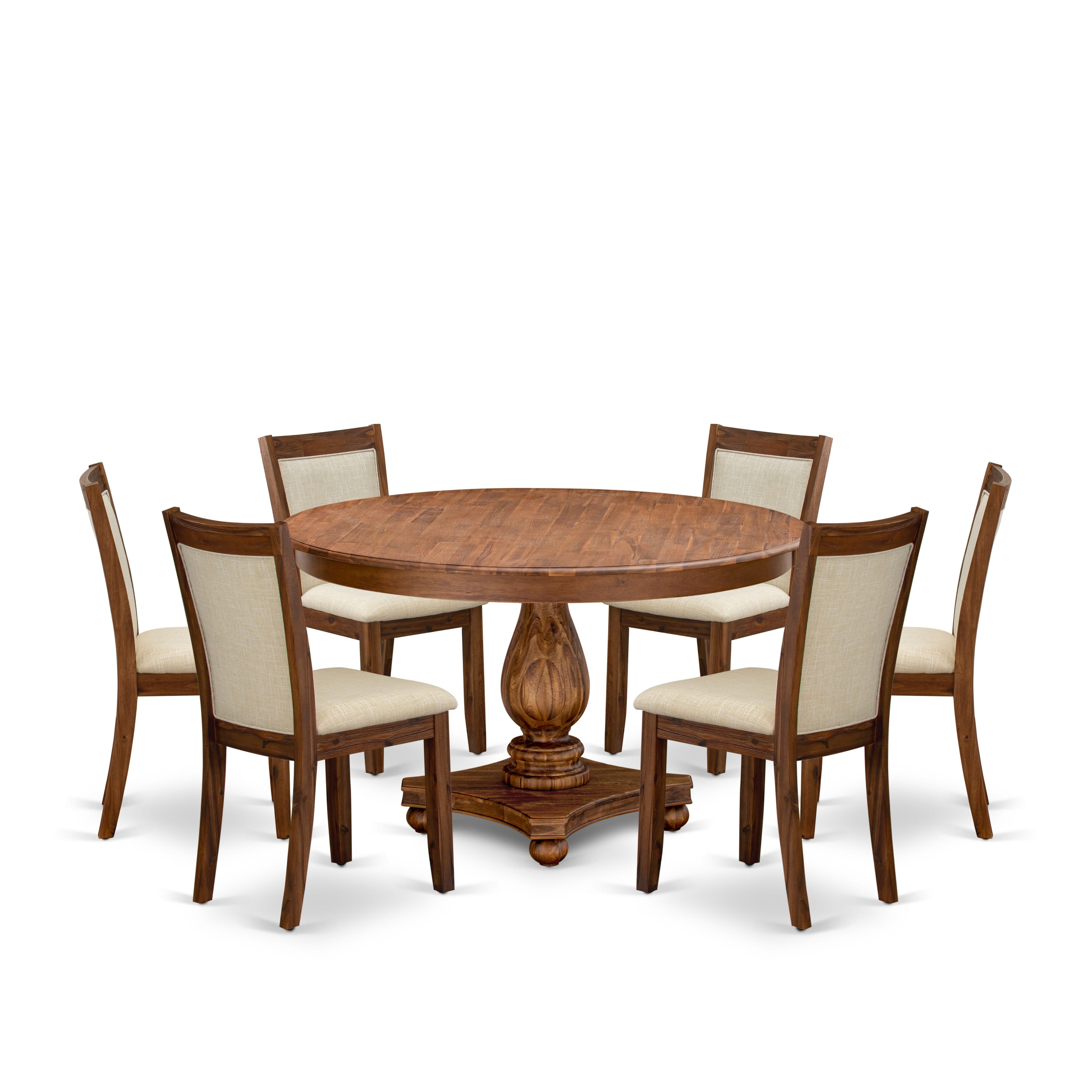 Luxe by East West Furniture F2MZ7-50N-02 7-Pc Dining Set consists of a Pedestal Table and 6 Light Beige Linen Fabric Dining Chairs with Padded Back - Antique Walnut