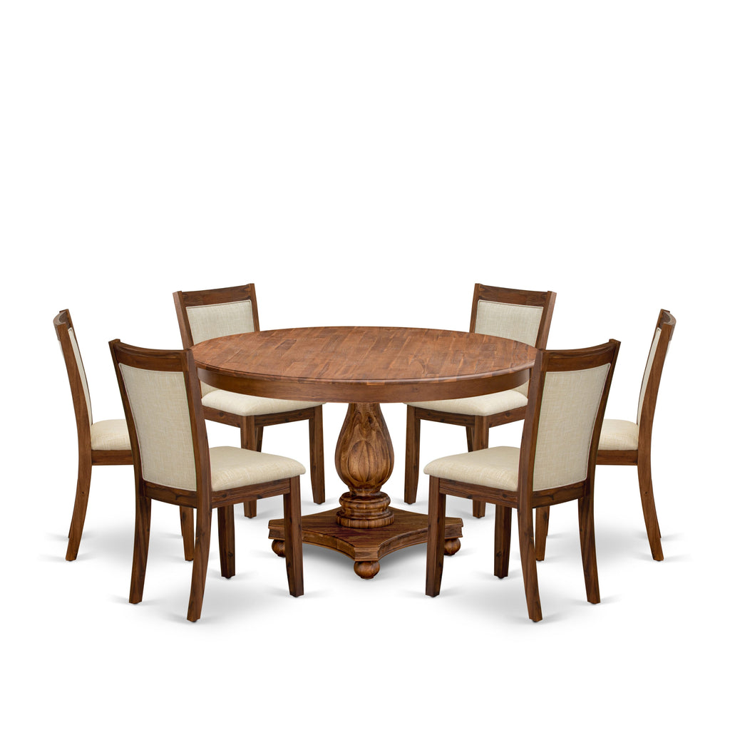Luxe by East West Furniture F2MZ7-50N-02 7-Pc Dining Set consists of a Pedestal Table and 6 Light Beige Linen Fabric Dining Chairs with Padded Back - Antique Walnut