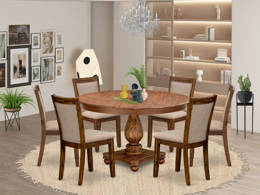Luxe by East West Furniture F2MZ7-50N-04 7-Pc Wooden Dining Set Includes a Pedestal Table and 6 Light Tan Linen Fabric Parson Chairs with Padded Back - Antique Walnut