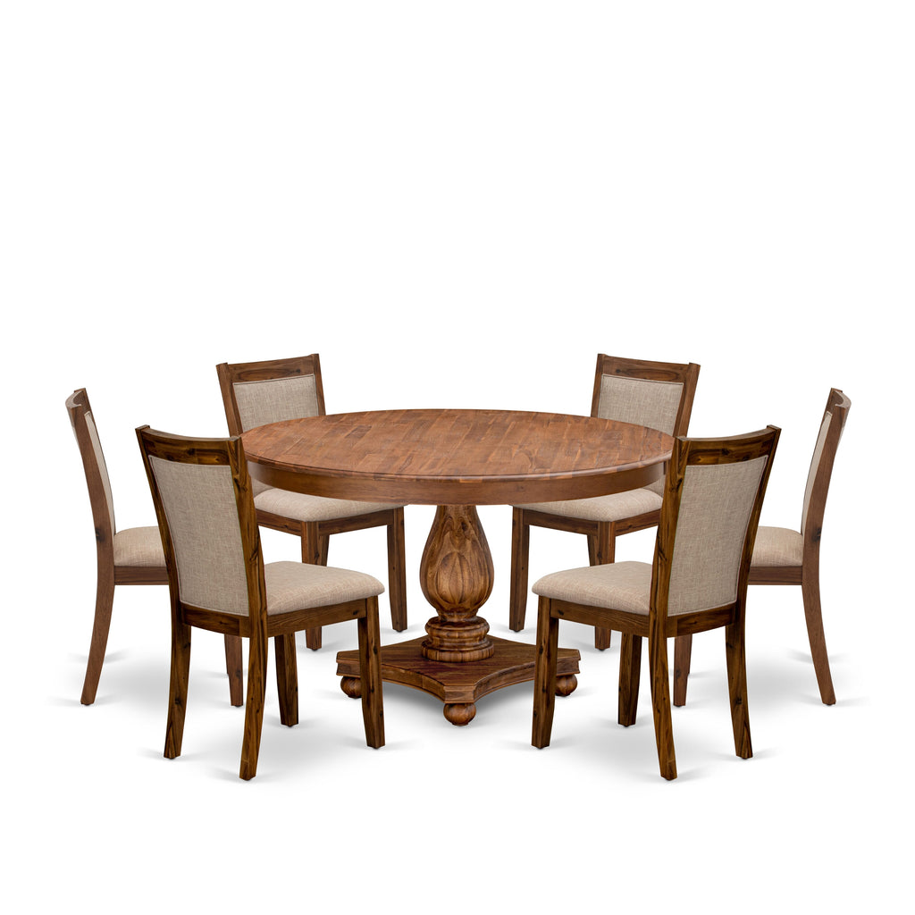 Luxe by East West Furniture F2MZ7-50N-04 7-Pc Wooden Dining Set Includes a Pedestal Table and 6 Light Tan Linen Fabric Parson Chairs with Padded Back - Antique Walnut