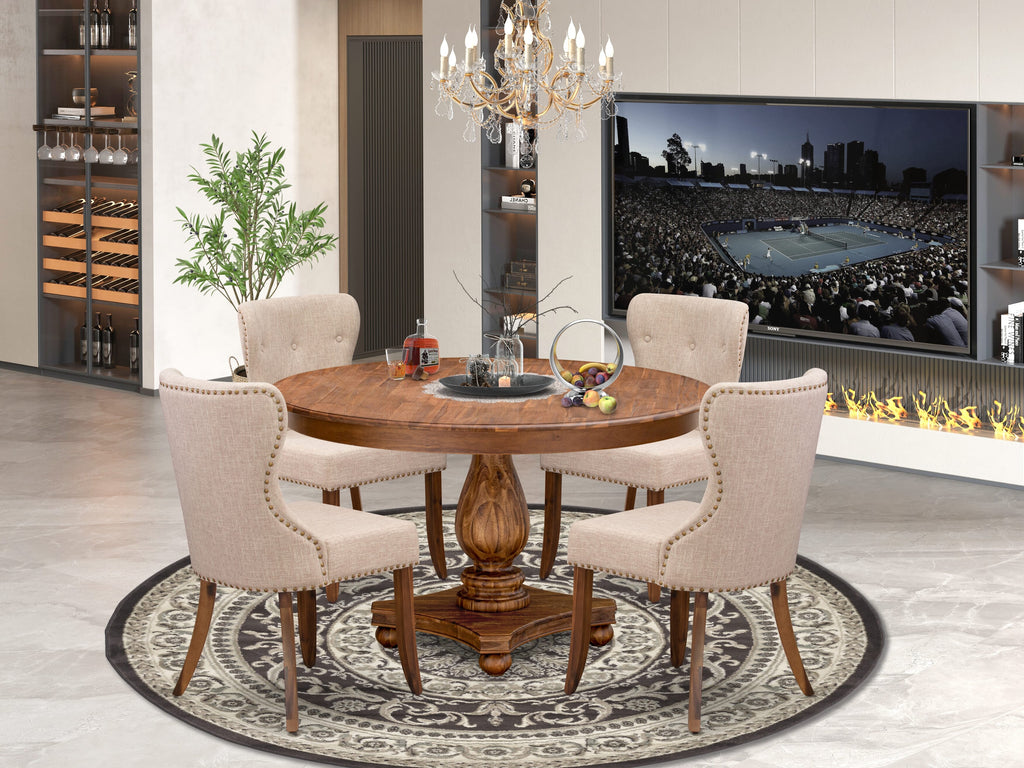 Luxe by East West Furniture F2SI5-50N-04 5-Pc Kitchen Table Set Includes a Pedestal Table and 4 Light Tan Linen Fabric Dining Room Chairs with Button Tufted- Antique Walnut