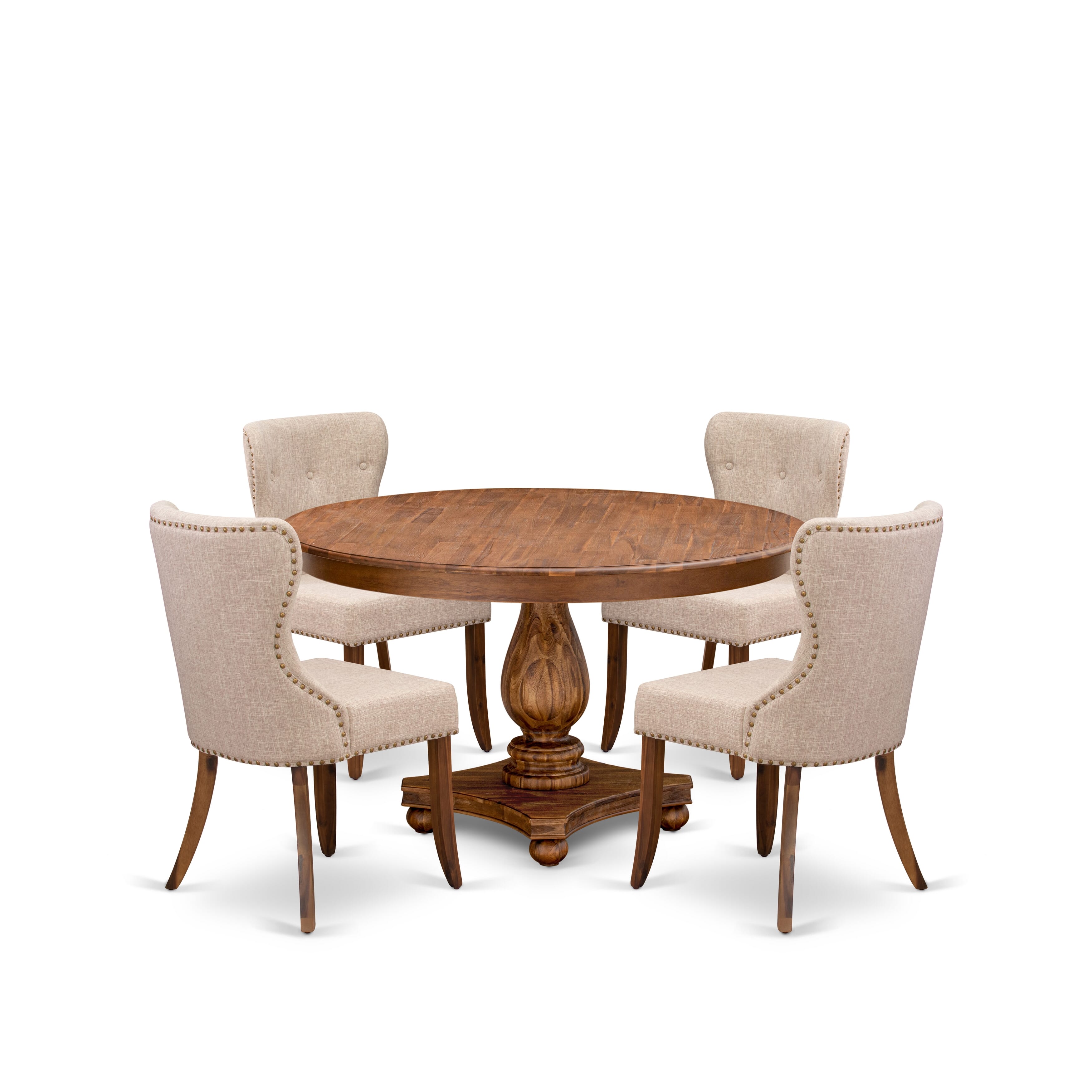 Luxe by East West Furniture F2SI5-50N-04 5-Pc Kitchen Table Set Includes a Pedestal Table and 4 Light Tan Linen Fabric Dining Room Chairs with Button Tufted- Antique Walnut