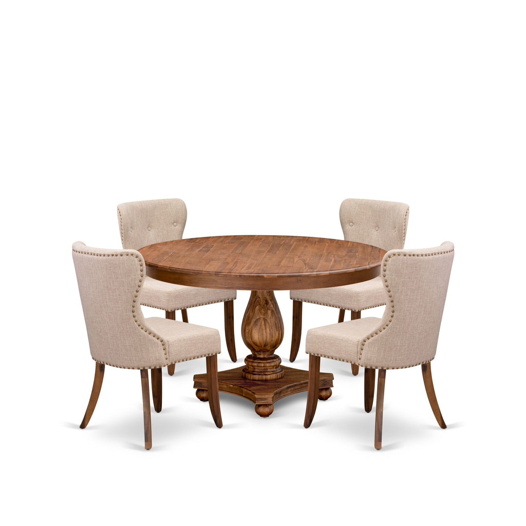 Luxe by East West Furniture F2SI5-50N-04 5-Pc Kitchen Table Set Includes a Pedestal Table and 4 Light Tan Linen Fabric Dining Room Chairs with Button Tufted- Antique Walnut