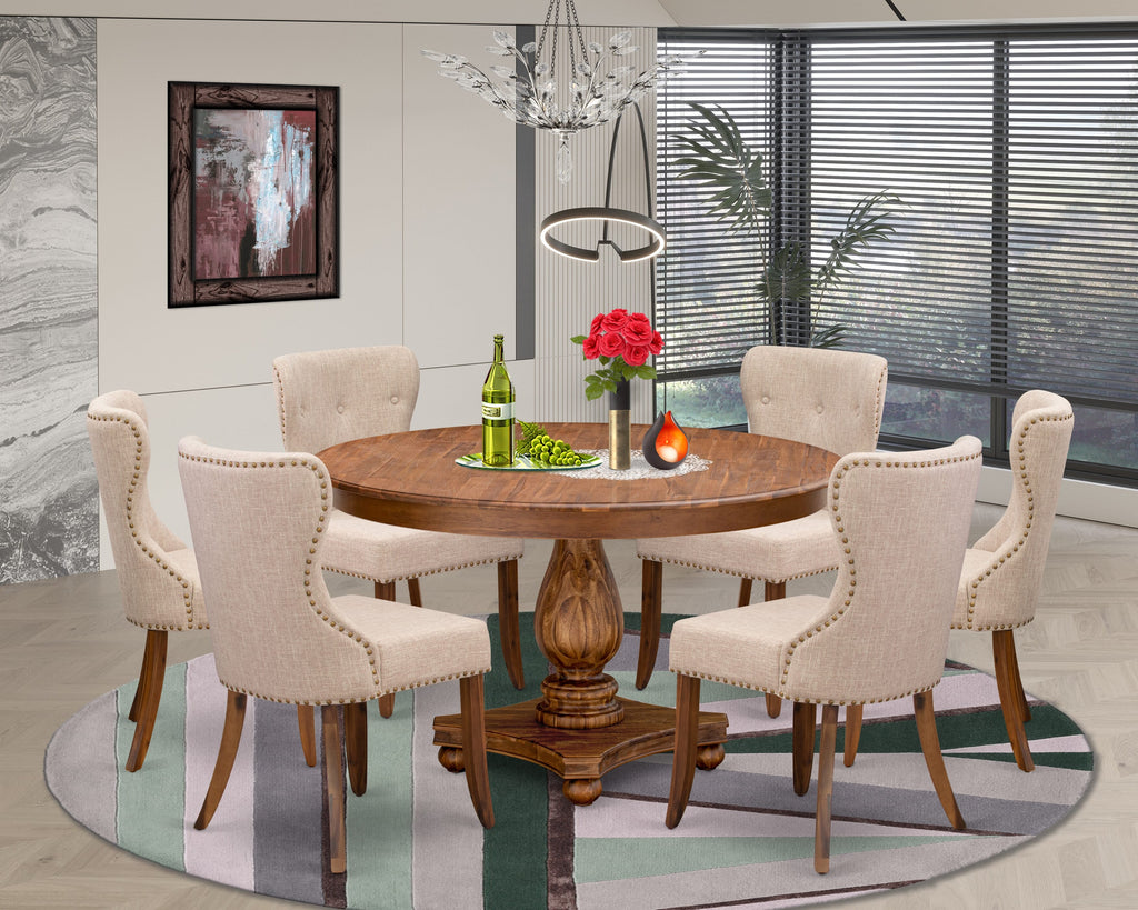 Luxe by East West Furniture F2SI7-50N-04 7-Pc Dining Table Set consists of a Pedestal Table and 6 Light Tan Linen Fabric Modern Chairs with Button Tufted- Antique Walnut