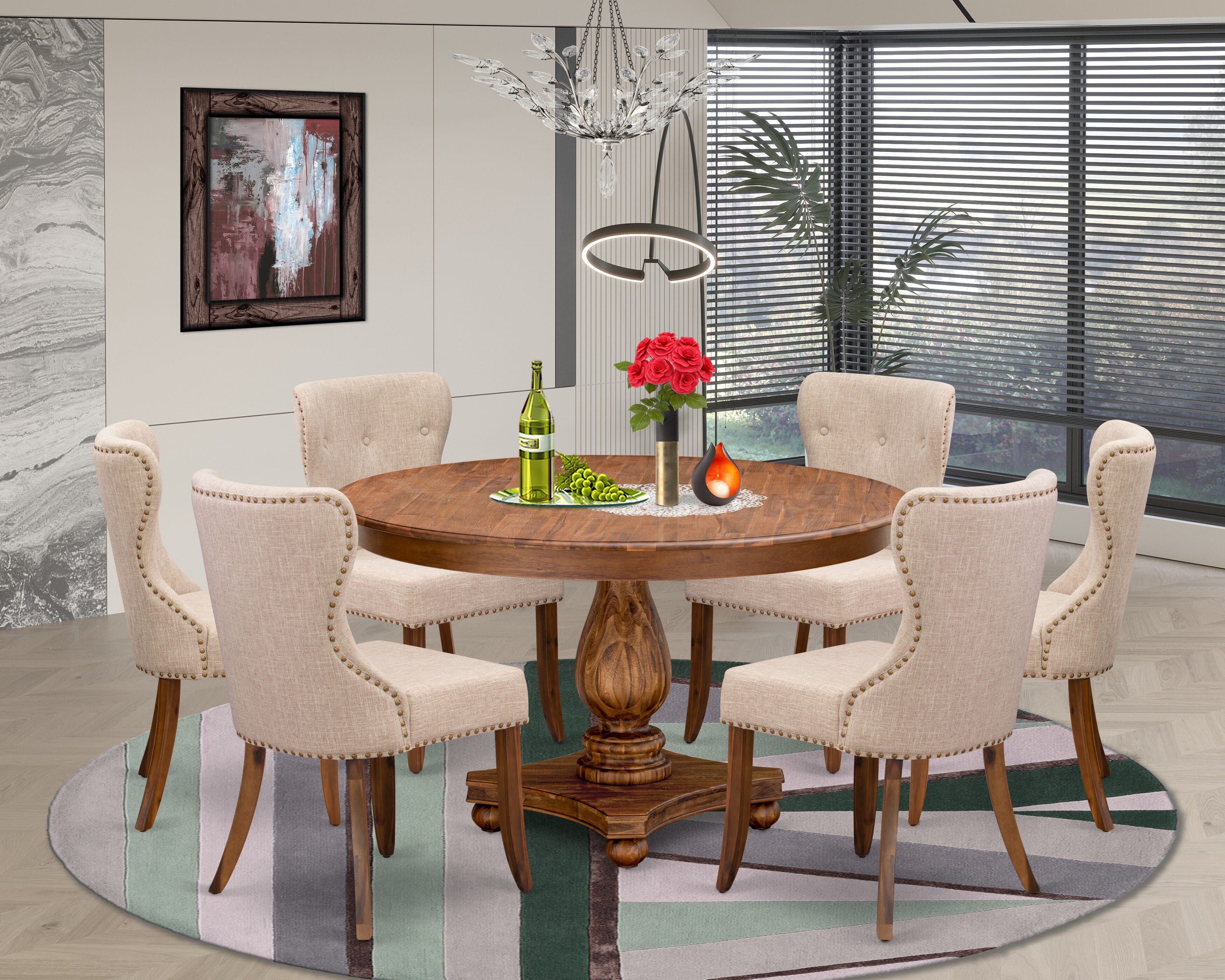 Luxe by East West Furniture F2SI7-50N-04 7-Pc Dining Table Set consists of a Pedestal Table and 6 Light Tan Linen Fabric Modern Chairs with Button Tufted- Antique Walnut
