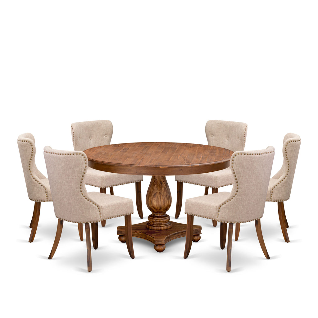 Luxe by East West Furniture F2SI7-50N-04 7-Pc Dining Table Set consists of a Pedestal Table and 6 Light Tan Linen Fabric Modern Chairs with Button Tufted- Antique Walnut
