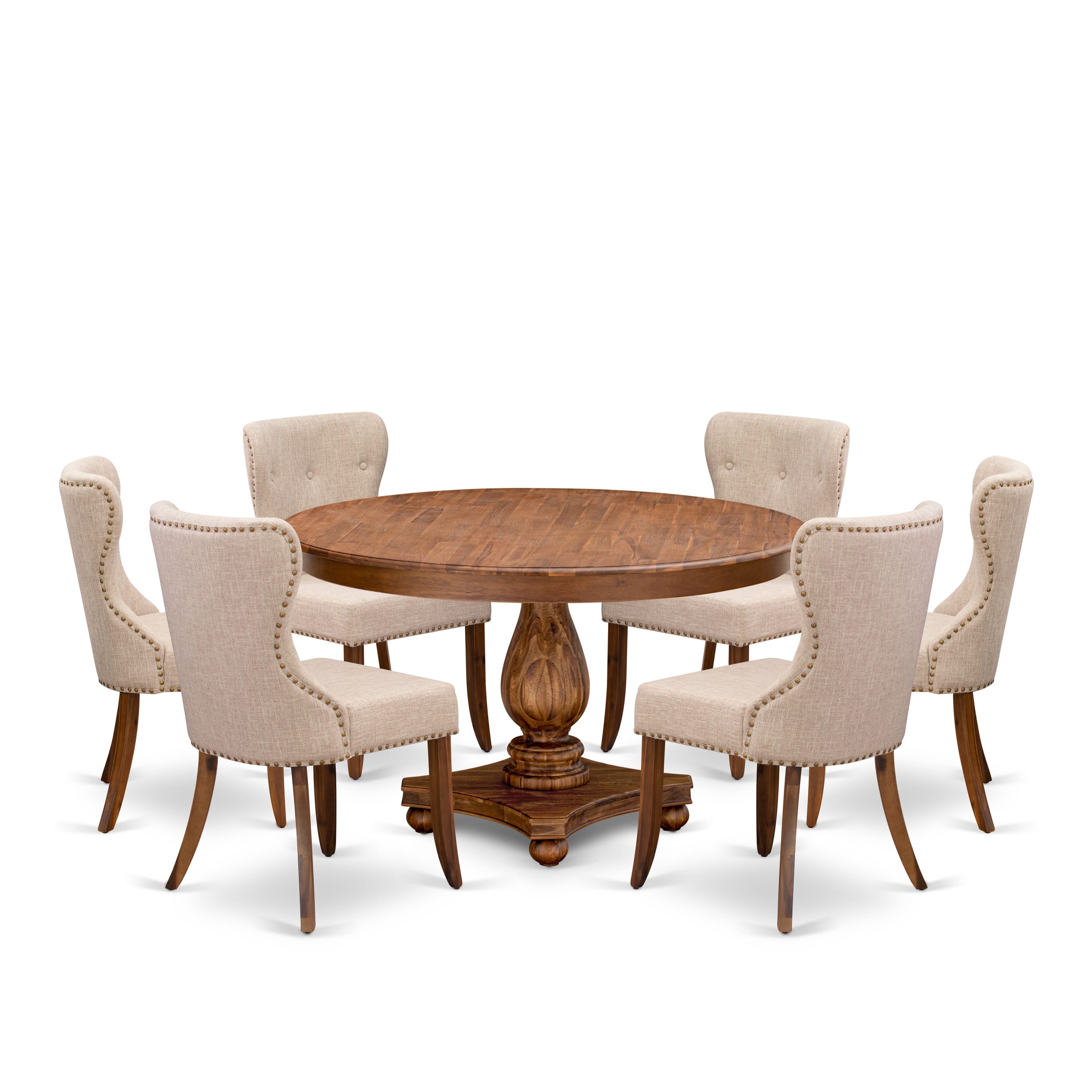 Luxe by East West Furniture F2SI7-50N-04 7-Pc Dining Table Set consists of a Pedestal Table and 6 Light Tan Linen Fabric Modern Chairs with Button Tufted- Antique Walnut