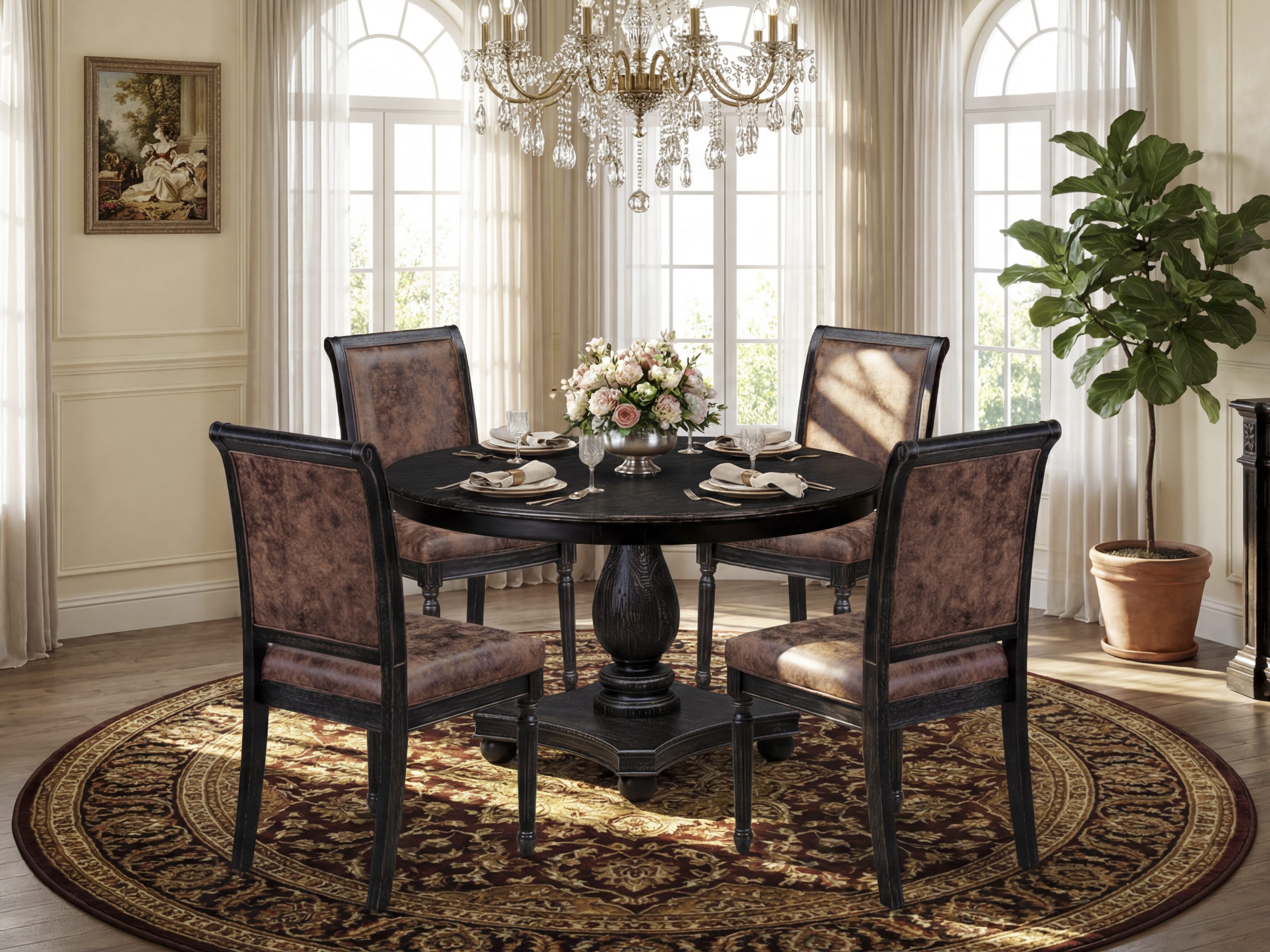 Luxe by East West Furniture - F2TY5-411-33 - 5-piece Kitchen Table Set consists of a Dining Table and 4 Brown Polyester Fabric Kitchen Chairs with High Back - Sand Blasting Black Finish