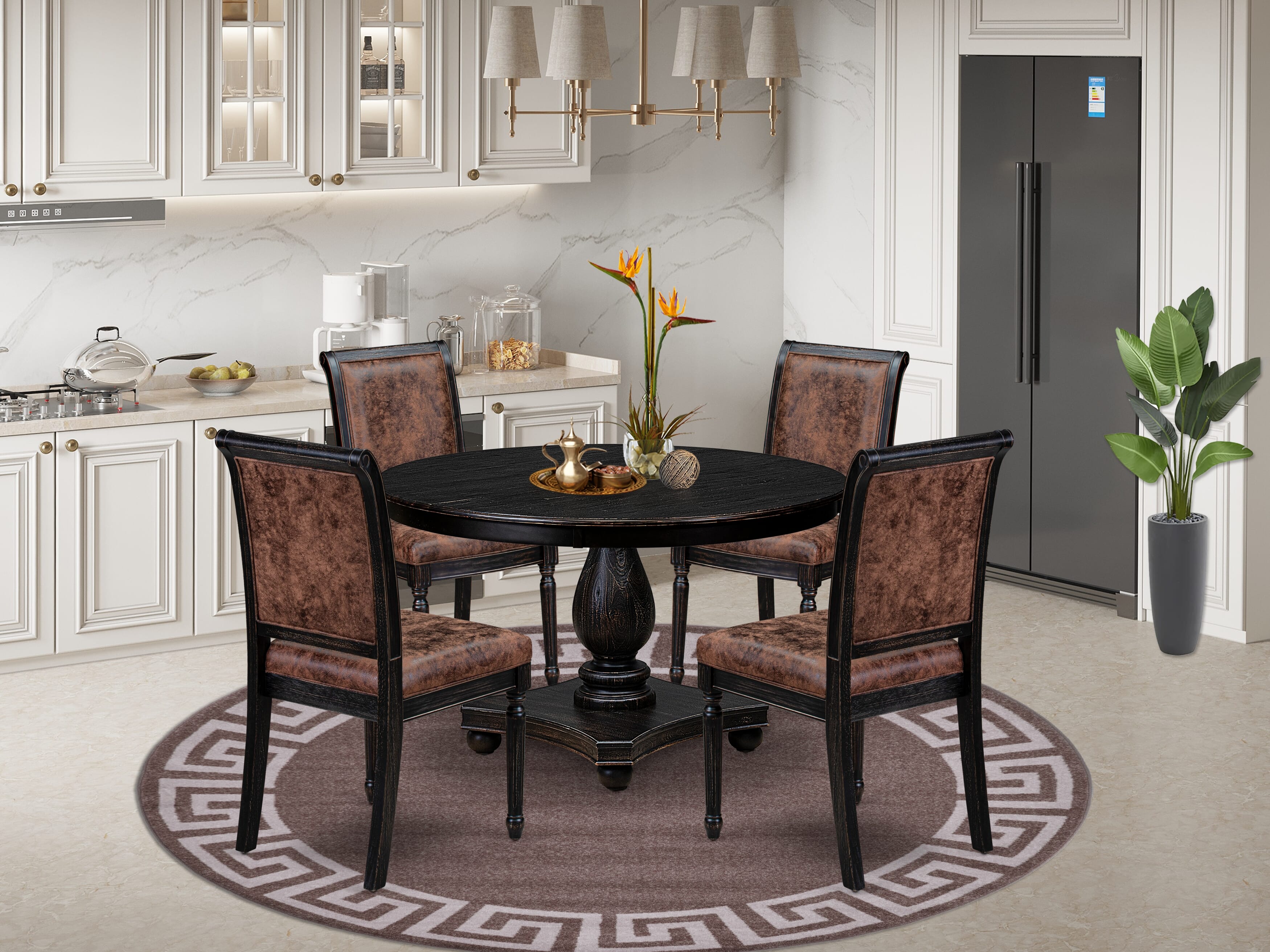 Luxe by East West Furniture - F2TY5-411-33 - 5-piece Kitchen Table Set consists of a Dining Table and 4 Brown Polyester Fabric Kitchen Chairs with High Back - Sand Blasting Black Finish