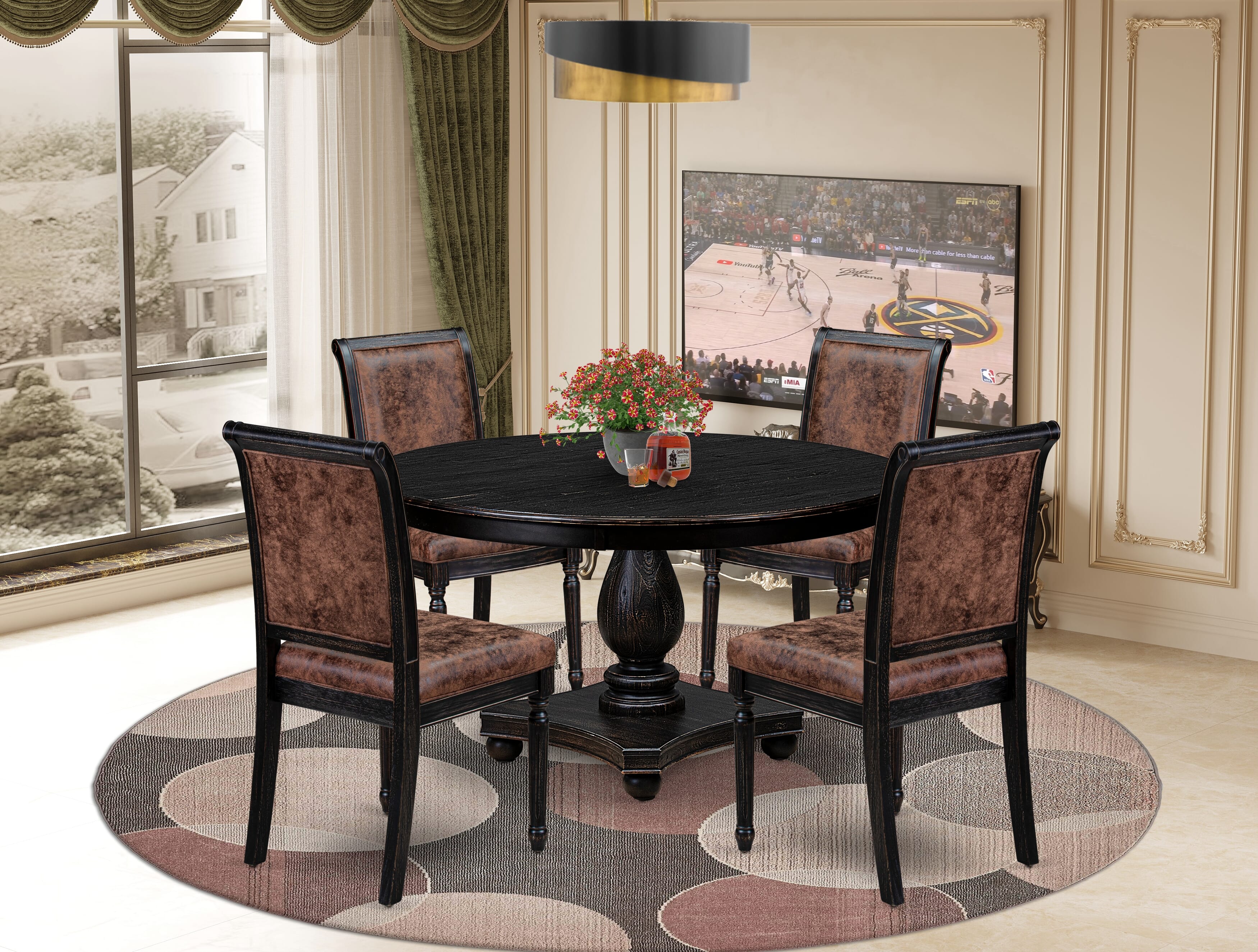 Luxe by East West Furniture - F2TY5-511-33 - 5-piece Dining Room Set consists of a Dining Table and 4 Brown Polyester Fabric Mid Century Modern Chair with High Back - Sand Blasting Black Finish