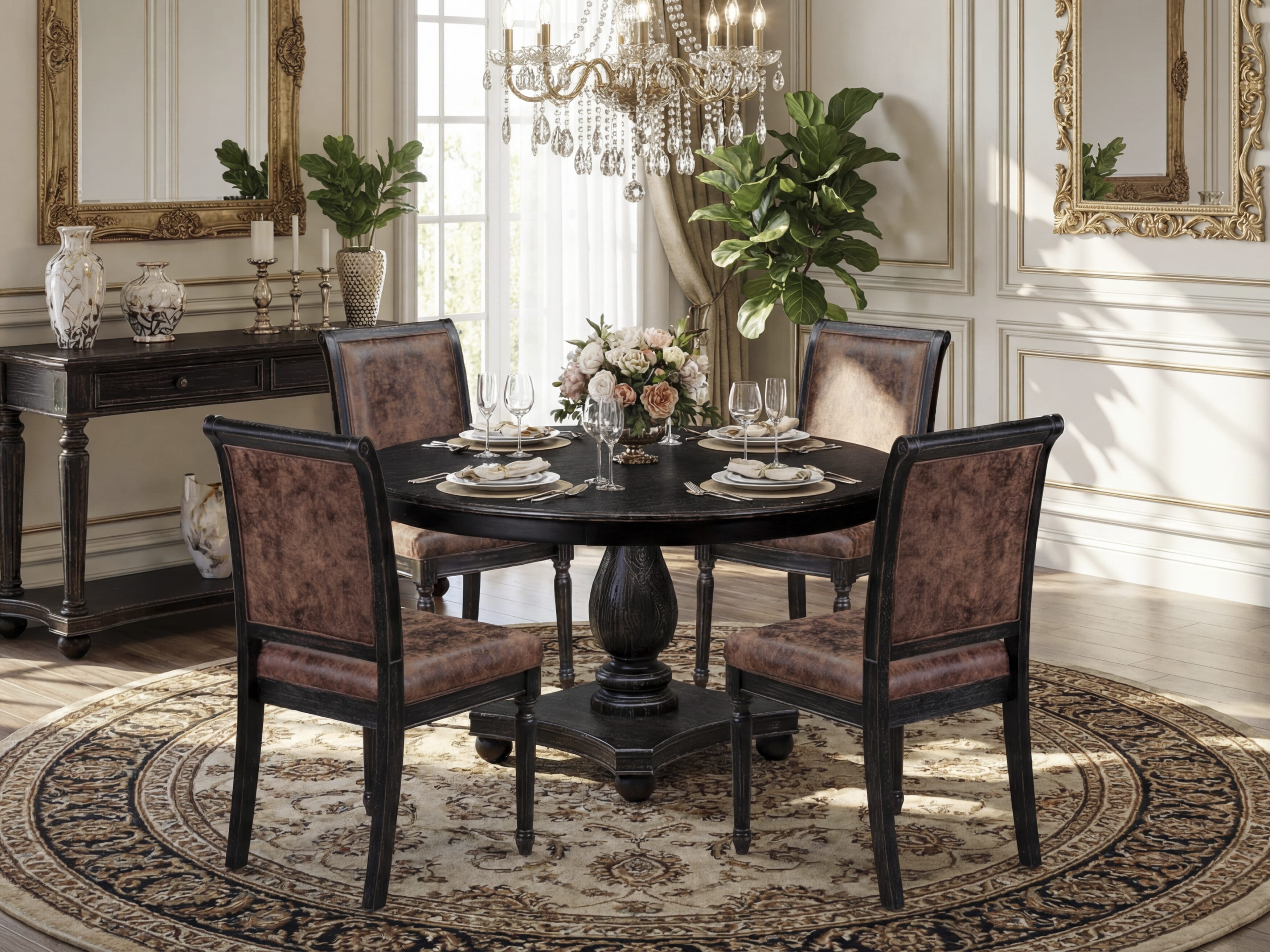 Luxe by East West Furniture - F2TY5-511-33 - 5-piece Dining Room Set consists of a Dining Table and 4 Brown Polyester Fabric Mid Century Modern Chair with High Back - Sand Blasting Black Finish