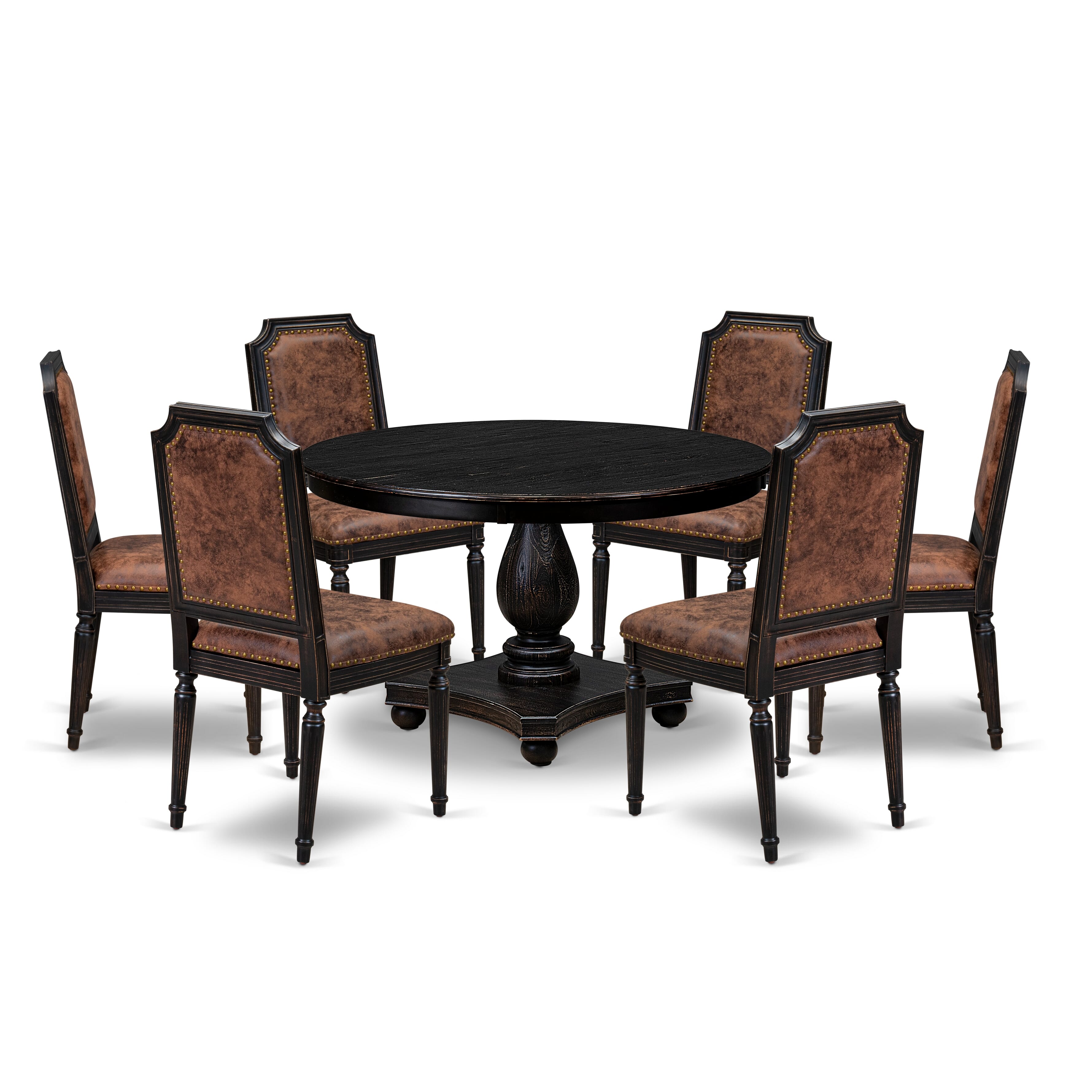 Luxe by East West Furniture - F2TY7-411-33 - 7-piece Kitchen Table Set consists of a Dining Table and 6 Brown Polyester Fabric Kitchen Chairs with High Back - Sand Blasting Black Finish