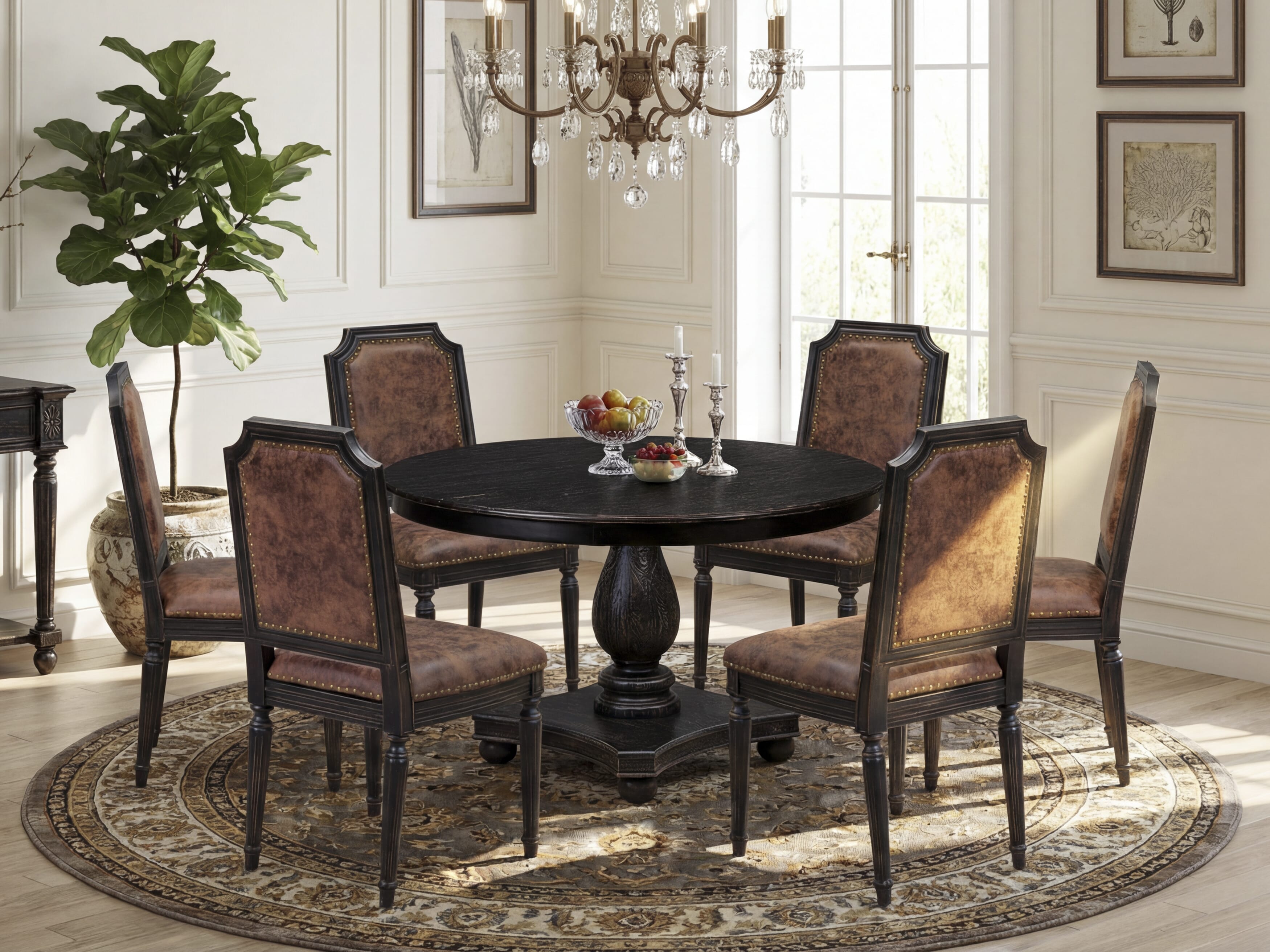 Luxe by East West Furniture - F2TY7-411-33 - 7-piece Kitchen Table Set consists of a Dining Table and 6 Brown Polyester Fabric Kitchen Chairs with High Back - Sand Blasting Black Finish