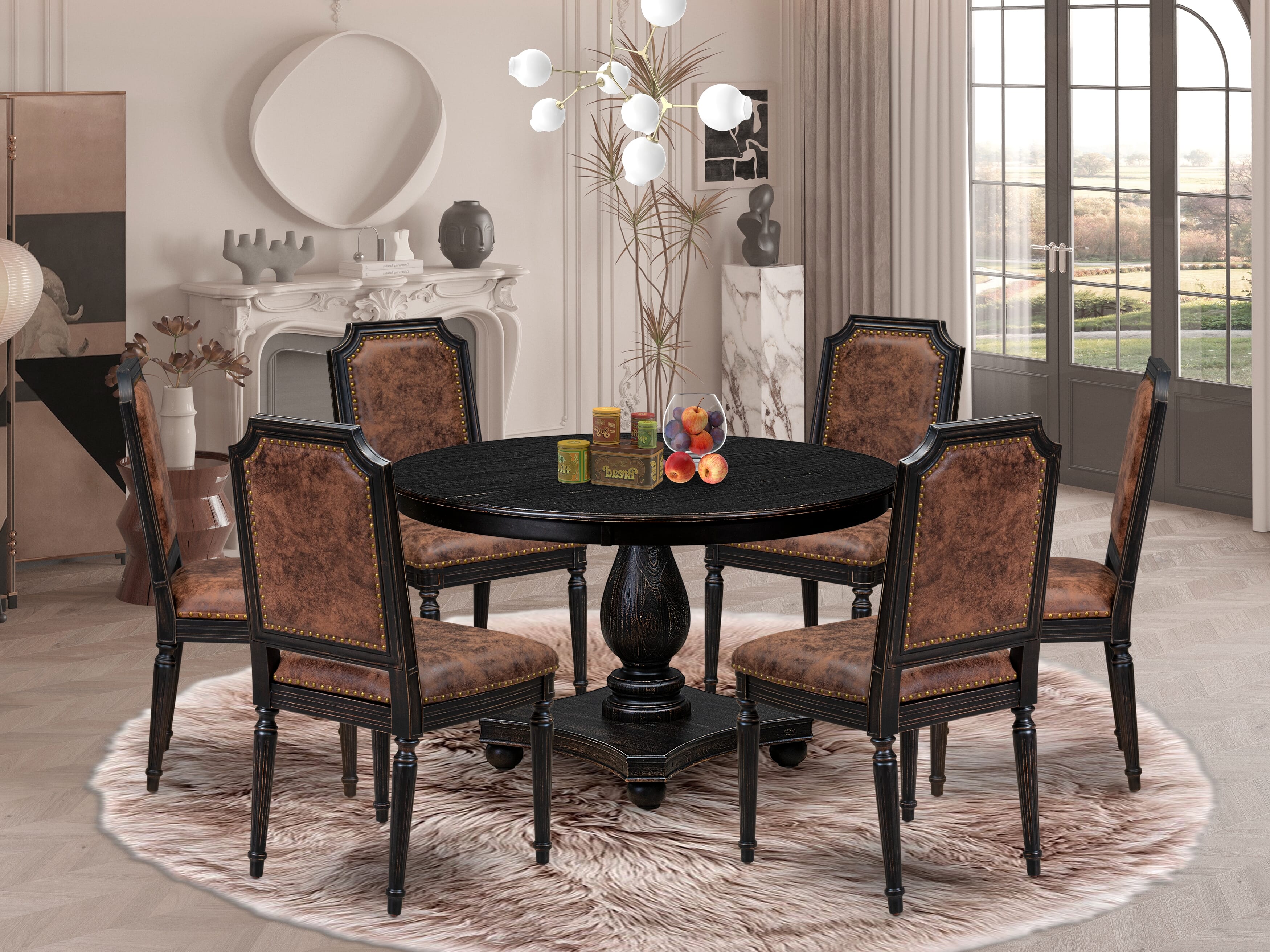Luxe by East West Furniture - F2TY7-411-33 - 7-piece Kitchen Table Set consists of a Dining Table and 6 Brown Polyester Fabric Kitchen Chairs with High Back - Sand Blasting Black Finish