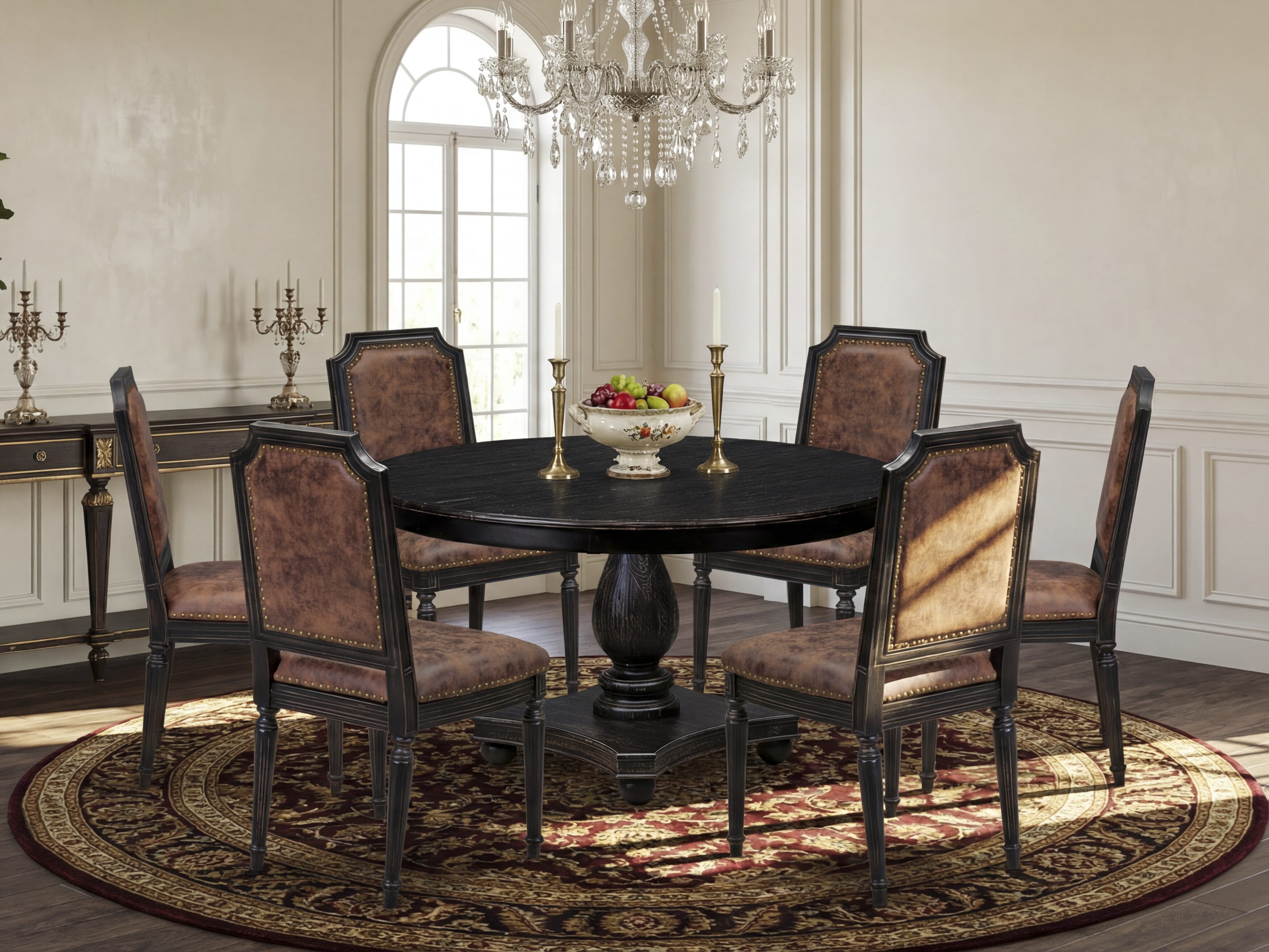 Luxe by East West Furniture - F2TY7-511-33 - 7-piece Dining Room Set consists of a Dining Table and 6 Brown Polyester Fabric Mid Century Modern Chair with High Back - Sand Blasting Black Finish