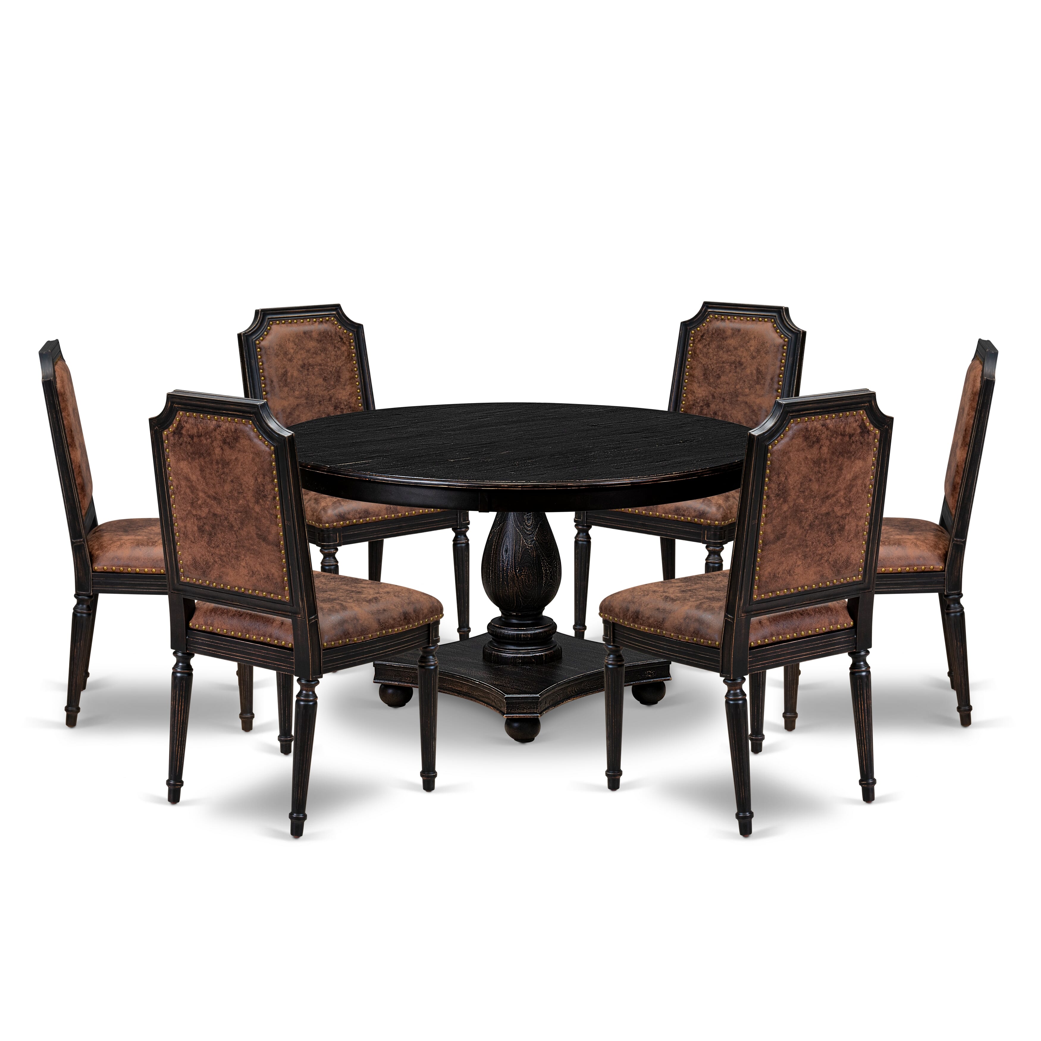 Luxe by East West Furniture - F2TY7-511-33 - 7-piece Dining Room Set consists of a Dining Table and 6 Brown Polyester Fabric Mid Century Modern Chair with High Back - Sand Blasting Black Finish