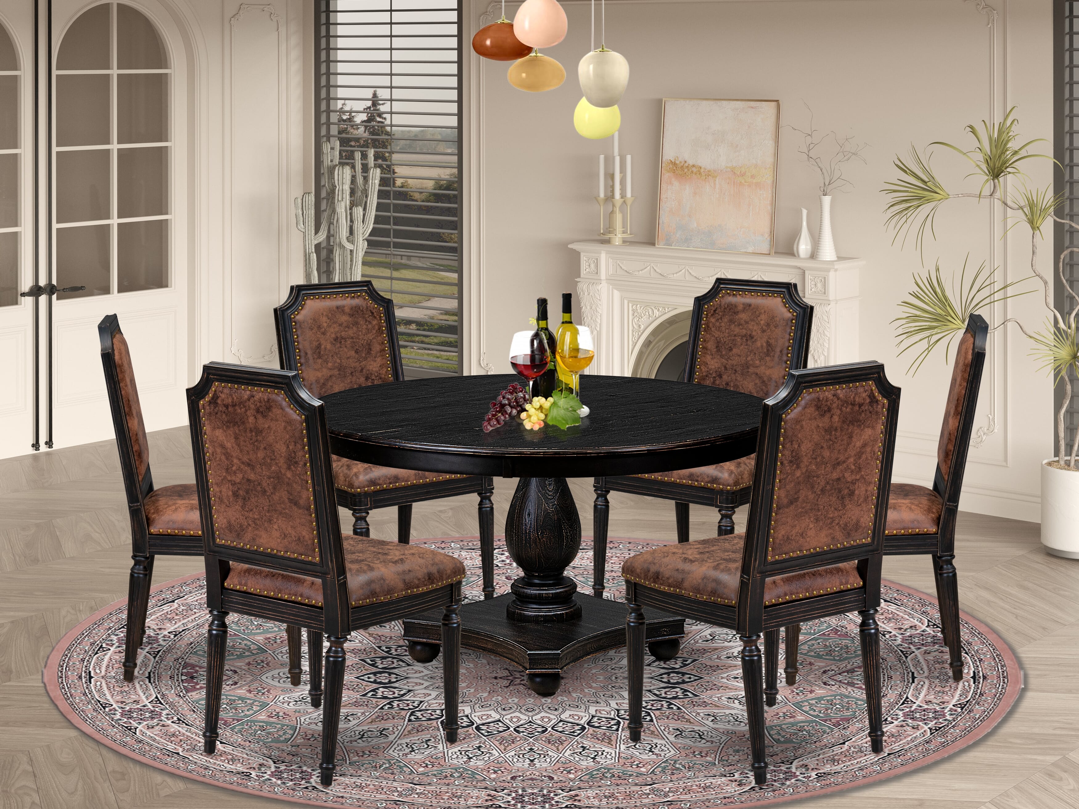 Luxe by East West Furniture - F2TY7-511-33 - 7-piece Dining Room Set consists of a Dining Table and 6 Brown Polyester Fabric Mid Century Modern Chair with High Back - Sand Blasting Black Finish