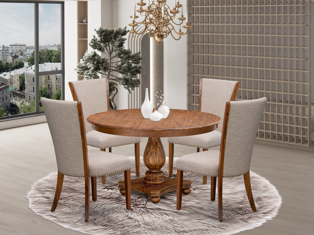 Luxe by East West Furniture F2VE5-50N-04 5 Piece Kitchen Table Set Includes a 54" Round Table with Pedestal and 4 Light Tan Linen Fabric Parson Chairs, Antique Walnut
