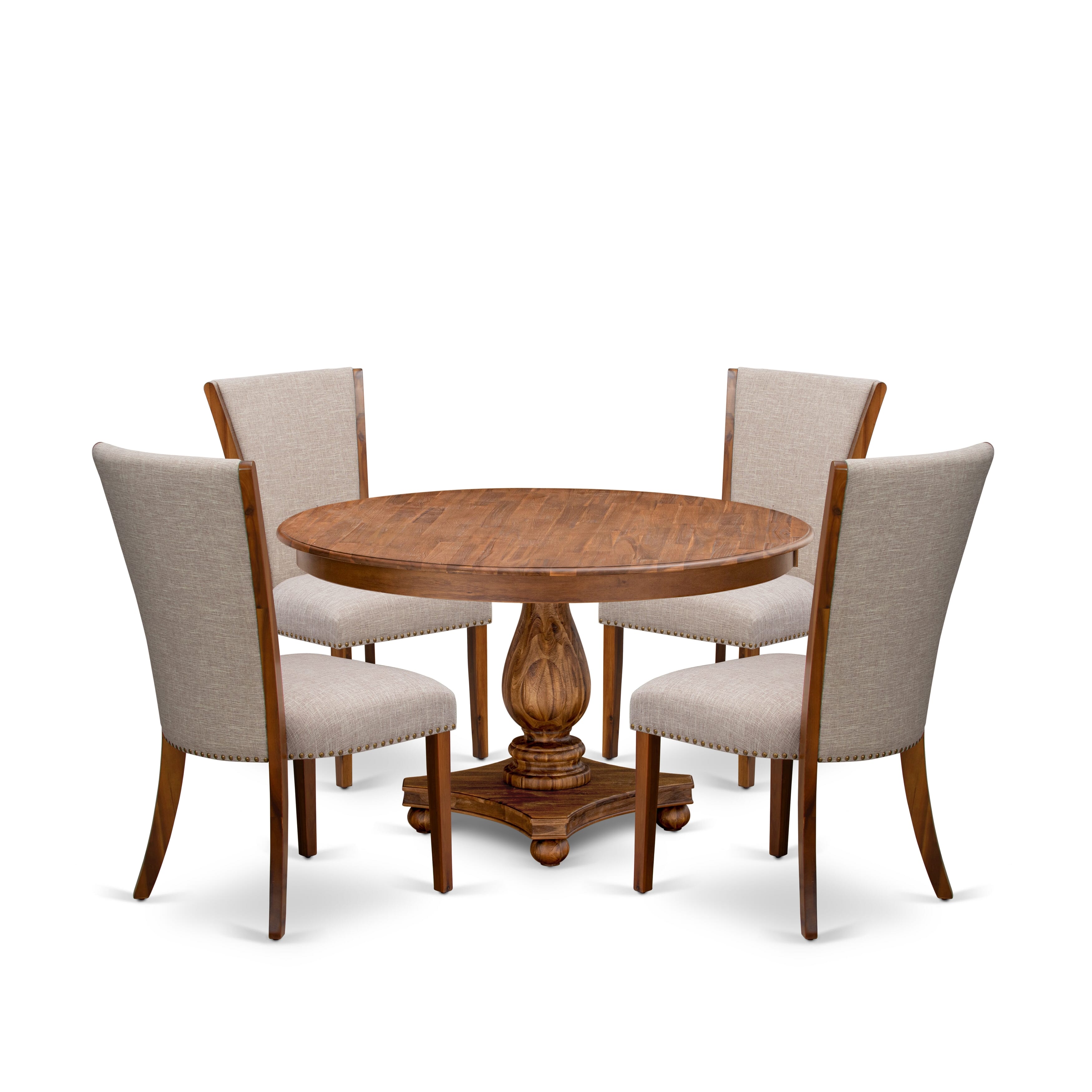 Luxe by East West Furniture F2VE5-50N-04 5 Piece Kitchen Table Set Includes a 54" Round Table with Pedestal and 4 Light Tan Linen Fabric Parson Chairs, Antique Walnut