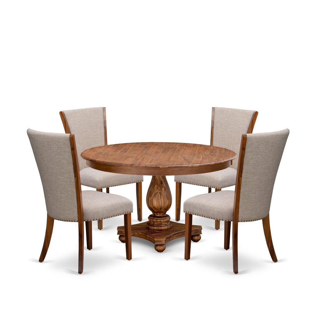 Luxe by East West Furniture F2VE5-50N-04 5 Piece Kitchen Table Set Includes a 54" Round Table with Pedestal and 4 Light Tan Linen Fabric Parson Chairs, Antique Walnut