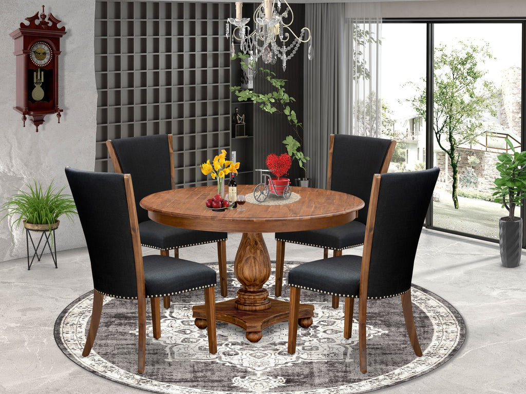 Luxe by East West Furniture F2VE5-50N-24 5 Piece Dinette Set Contains a 54" Round Kitchen Table with Pedestal and 4 Black Linen Fabric Padded Chairs, Antique Walnut