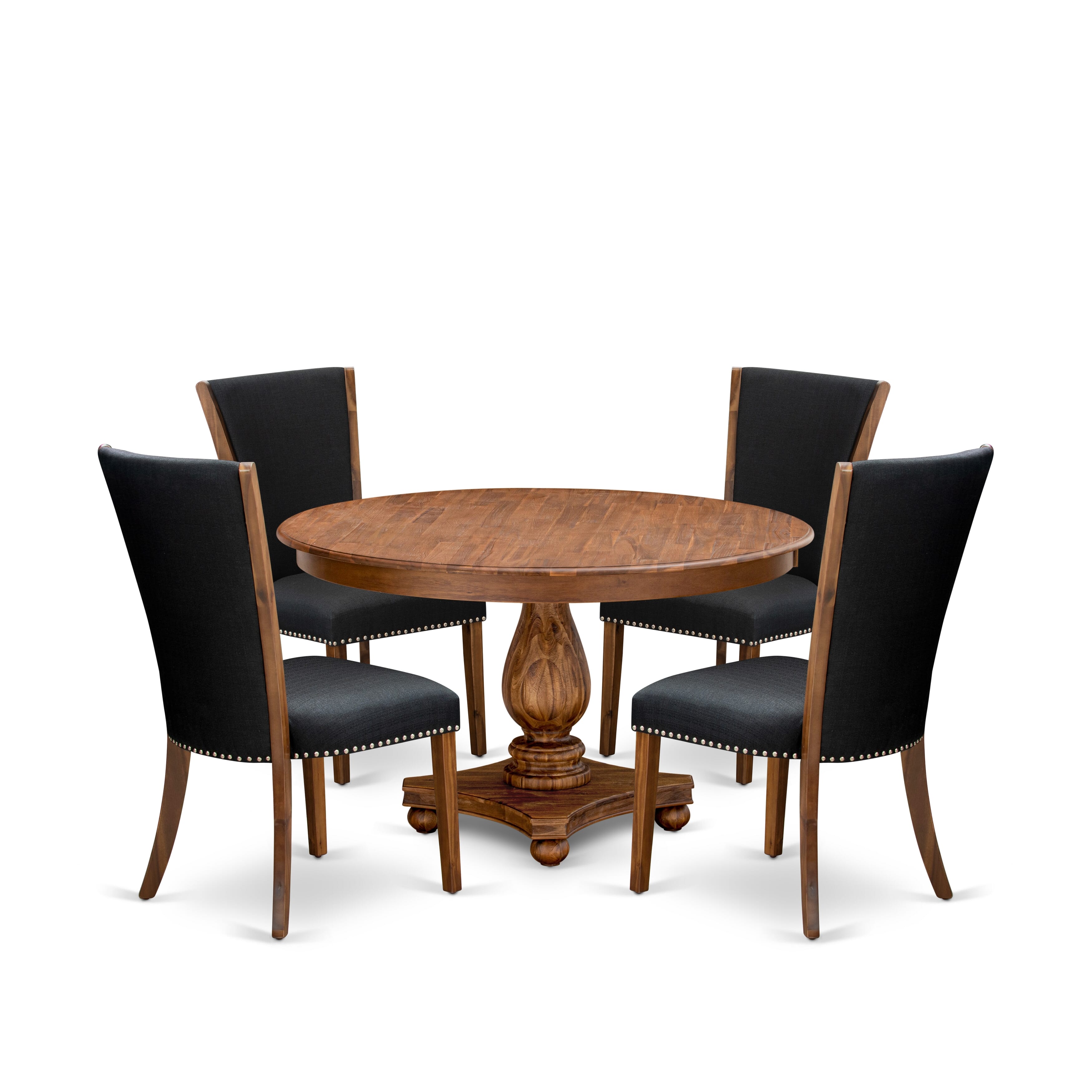 Luxe by East West Furniture F2VE5-50N-24 5 Piece Dinette Set Contains a 54" Round Kitchen Table with Pedestal and 4 Black Linen Fabric Padded Chairs, Antique Walnut