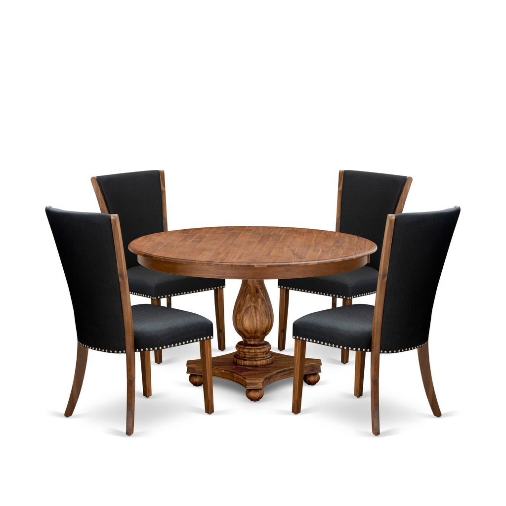 Luxe by East West Furniture F2VE5-50N-24 5 Piece Dinette Set Contains a 54" Round Kitchen Table with Pedestal and 4 Black Linen Fabric Padded Chairs, Antique Walnut