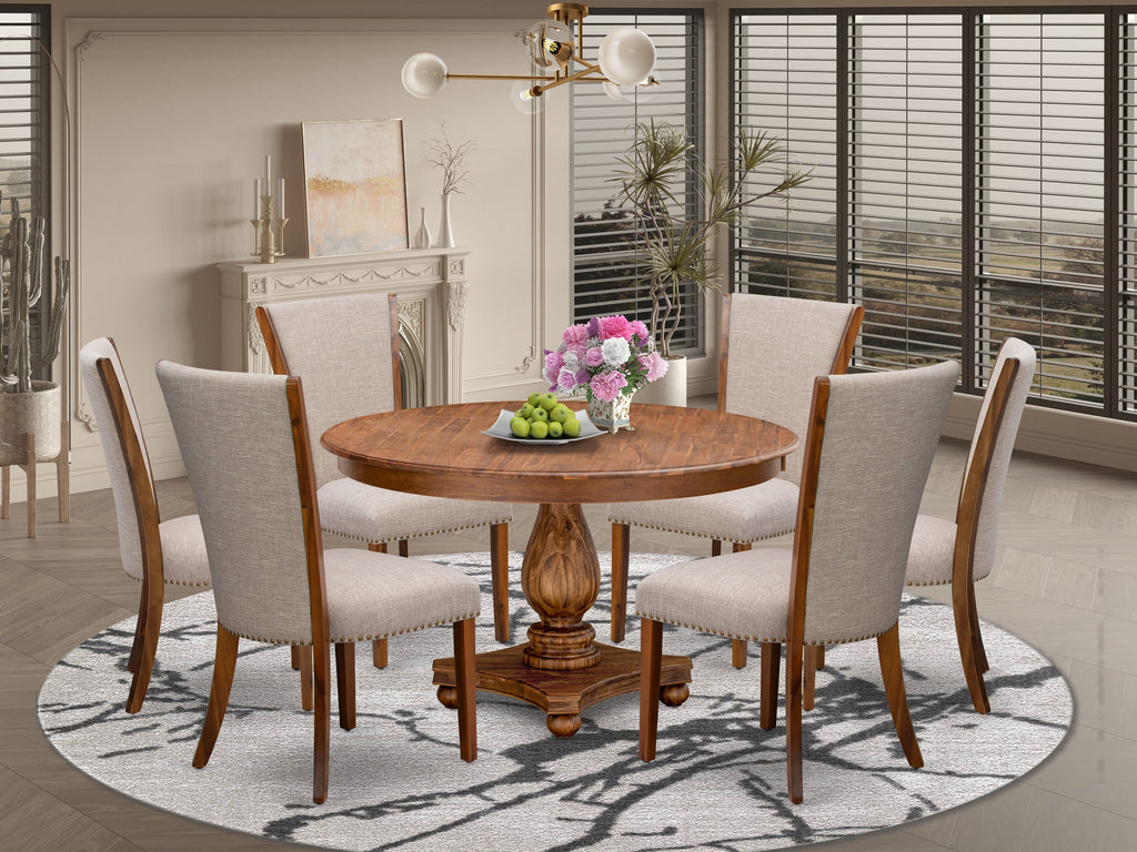 Luxe by East West Furniture F2VE7-50N-04 7 Piece Dinette Set Consists of a 54" Round Dining Table with Pedestal and 6 Light Tan Linen Fabric Parson Chairs, Antique Walnut