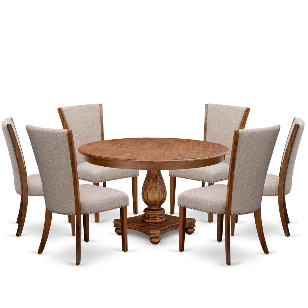 Luxe by East West Furniture F2VE7-50N-04 7 Piece Dinette Set Consists of a 54" Round Dining Table with Pedestal and 6 Light Tan Linen Fabric Parson Chairs, Antique Walnut